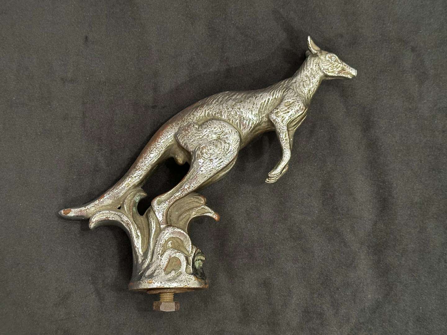 <p>A.E. Lejeune, 1920's cast and chrome plated “Kangaroo” car mascot,</p>