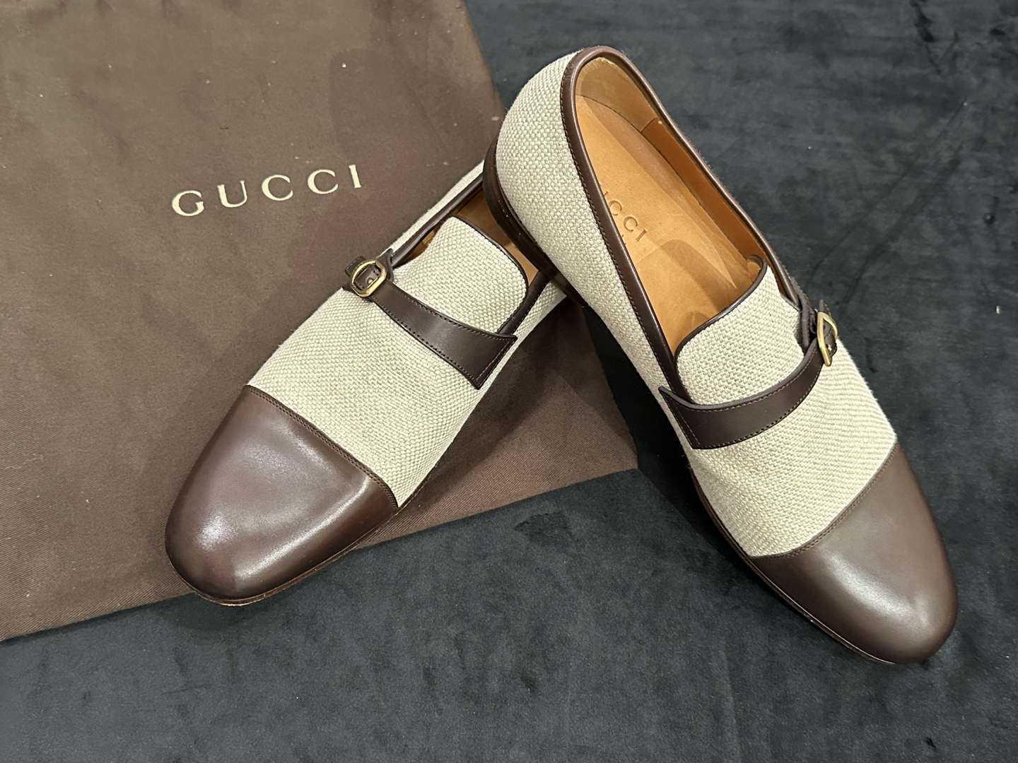 <p>GUCCI, Beige Canvas and Brown Leather Loafers, &nbsp;</p>
