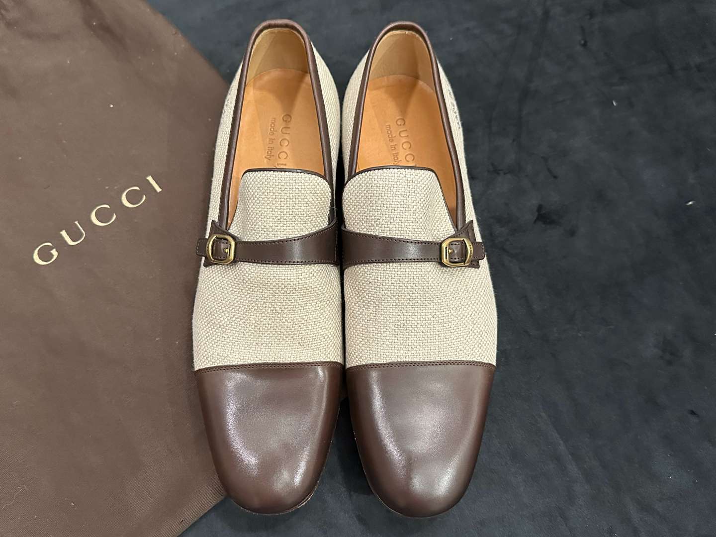 <p>GUCCI, Beige Canvas and Brown Leather Loafers, &nbsp;</p>