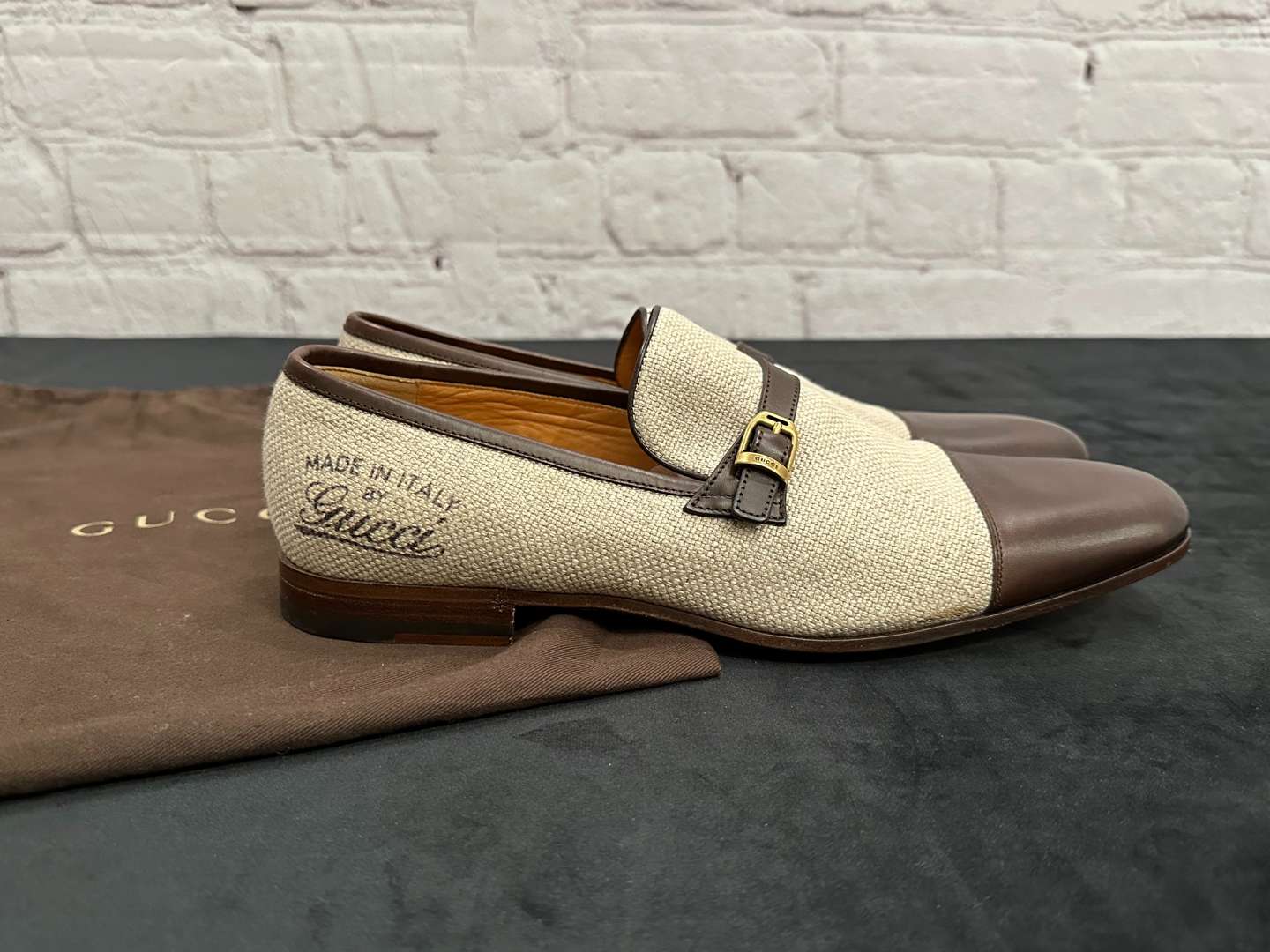 <p>GUCCI, Beige Canvas and Brown Leather Loafers, &nbsp;</p>