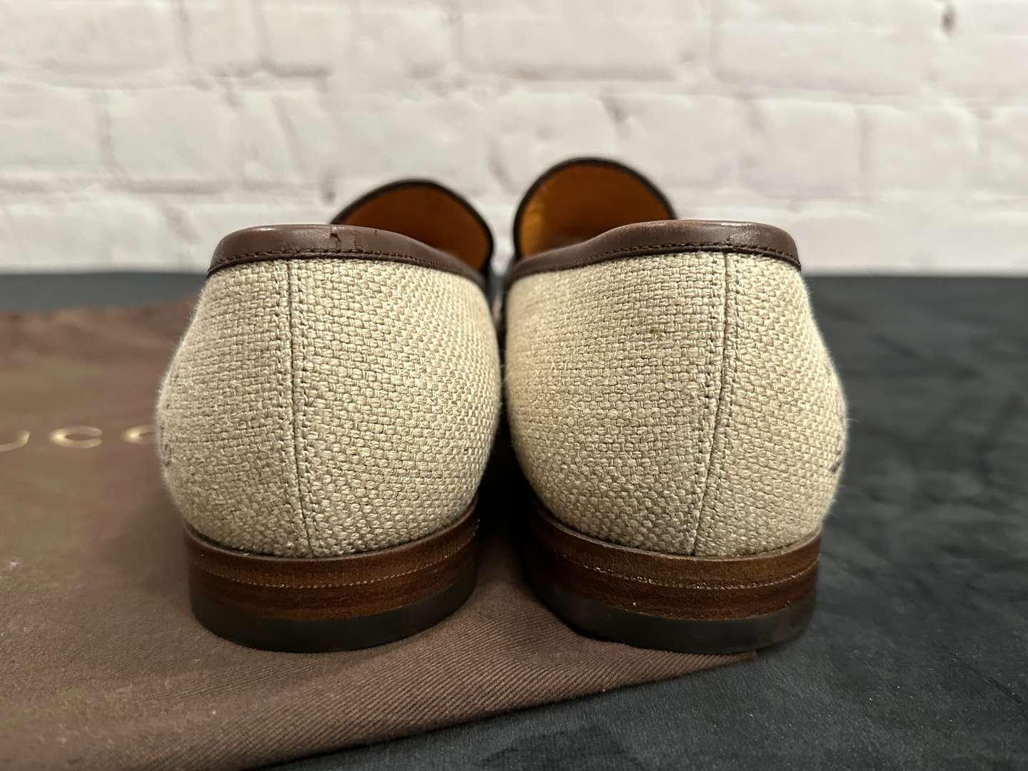 <p>GUCCI, Beige Canvas and Brown Leather Loafers, &nbsp;</p>