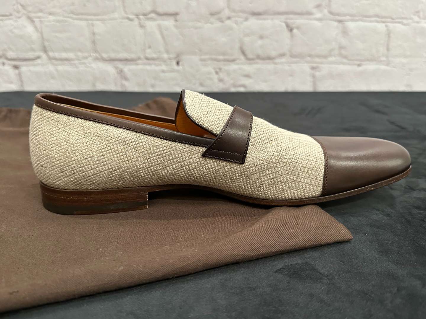 <p>GUCCI, Beige Canvas and Brown Leather Loafers, &nbsp;</p>