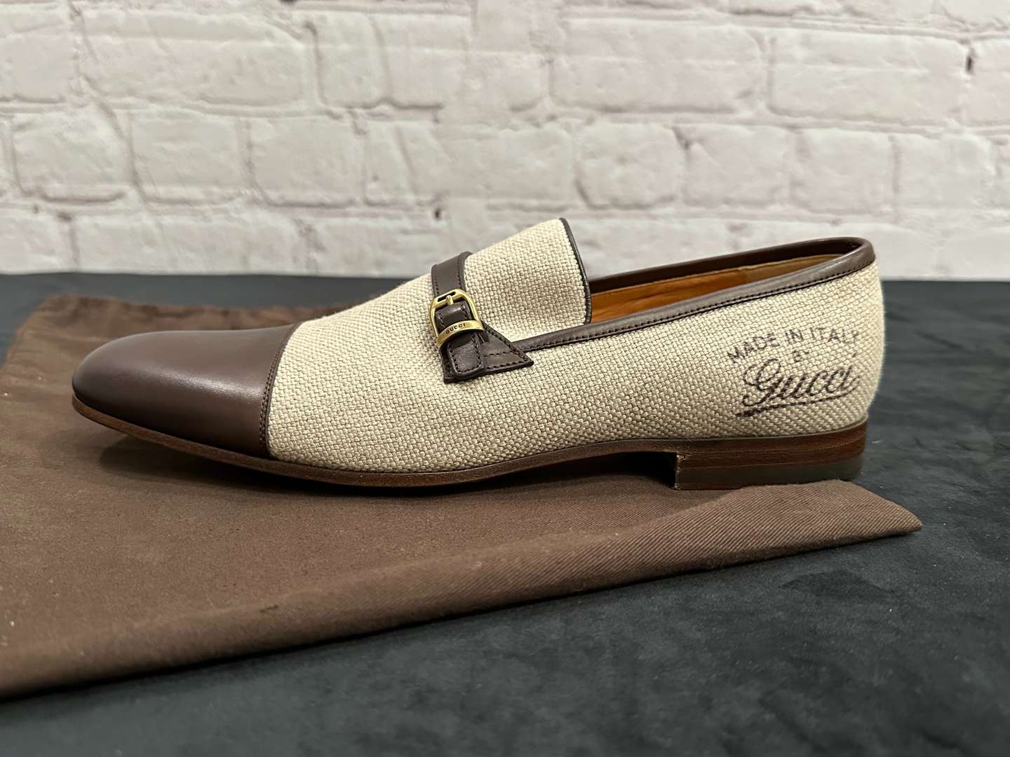 <p>GUCCI, Beige Canvas and Brown Leather Loafers, &nbsp;</p>