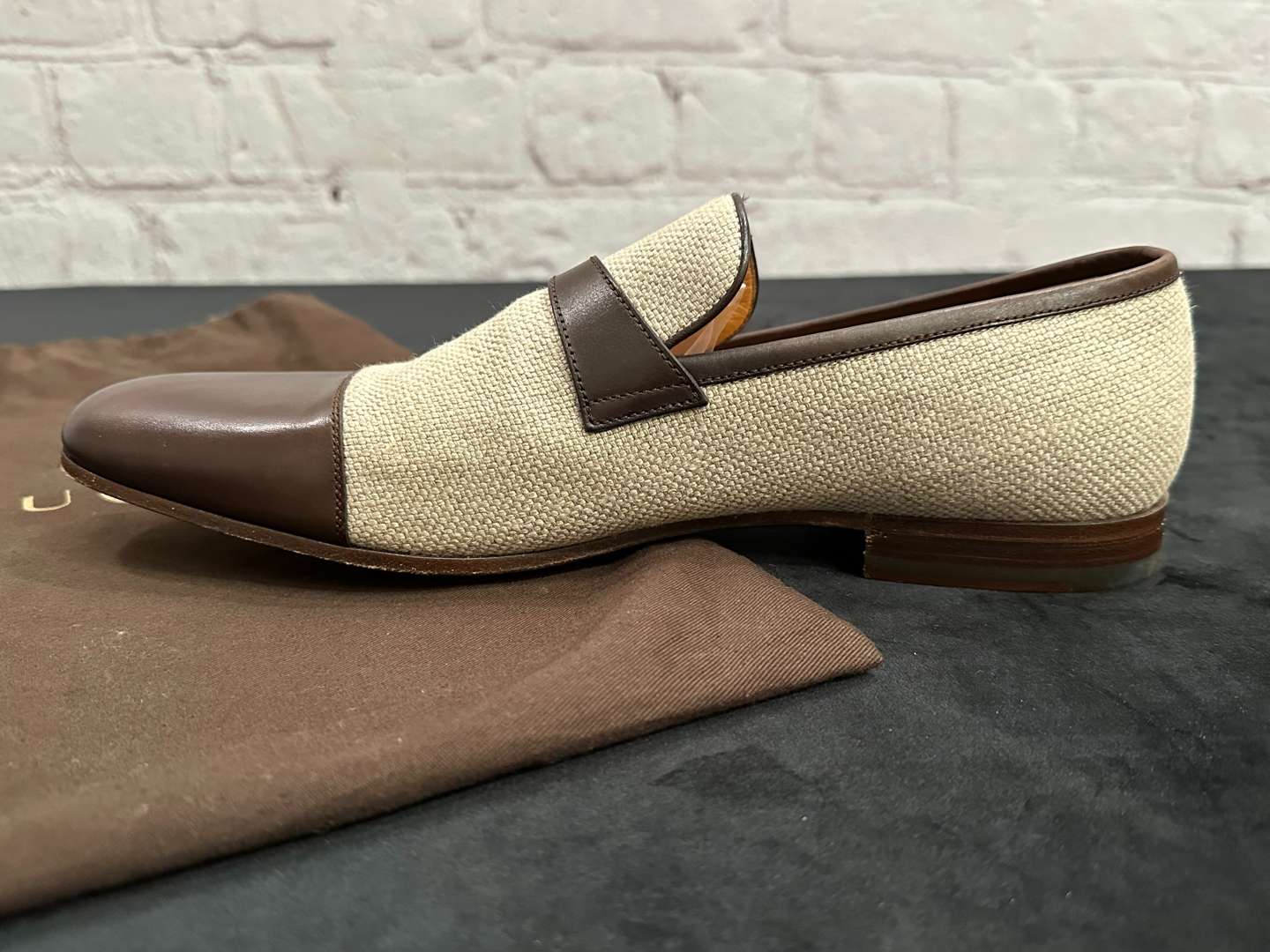 <p>GUCCI, Beige Canvas and Brown Leather Loafers, &nbsp;</p>