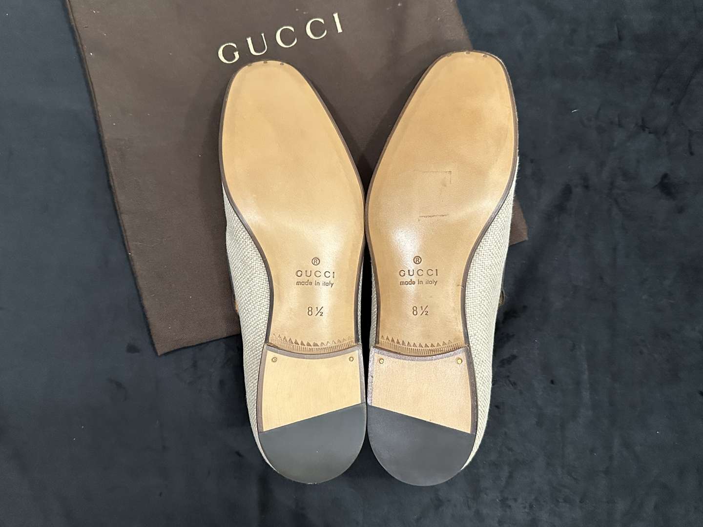 <p>GUCCI, Beige Canvas and Brown Leather Loafers, &nbsp;</p>