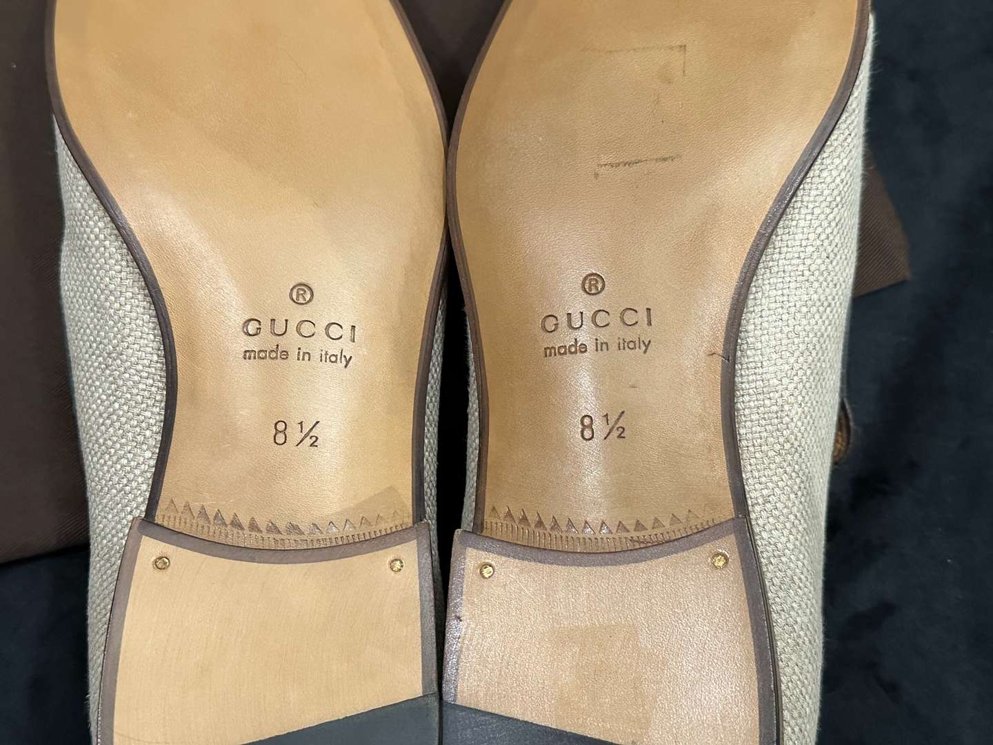 <p>GUCCI, Beige Canvas and Brown Leather Loafers, &nbsp;</p>