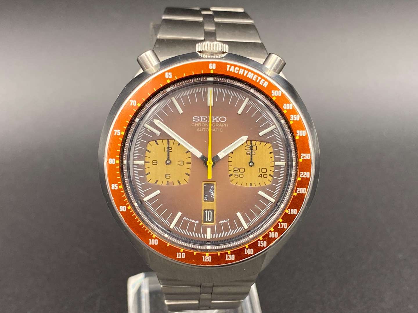 <p>SEIKO stainless steel Bulls Head chronograph wrist watch, 4N0419, 6138-0040</p>