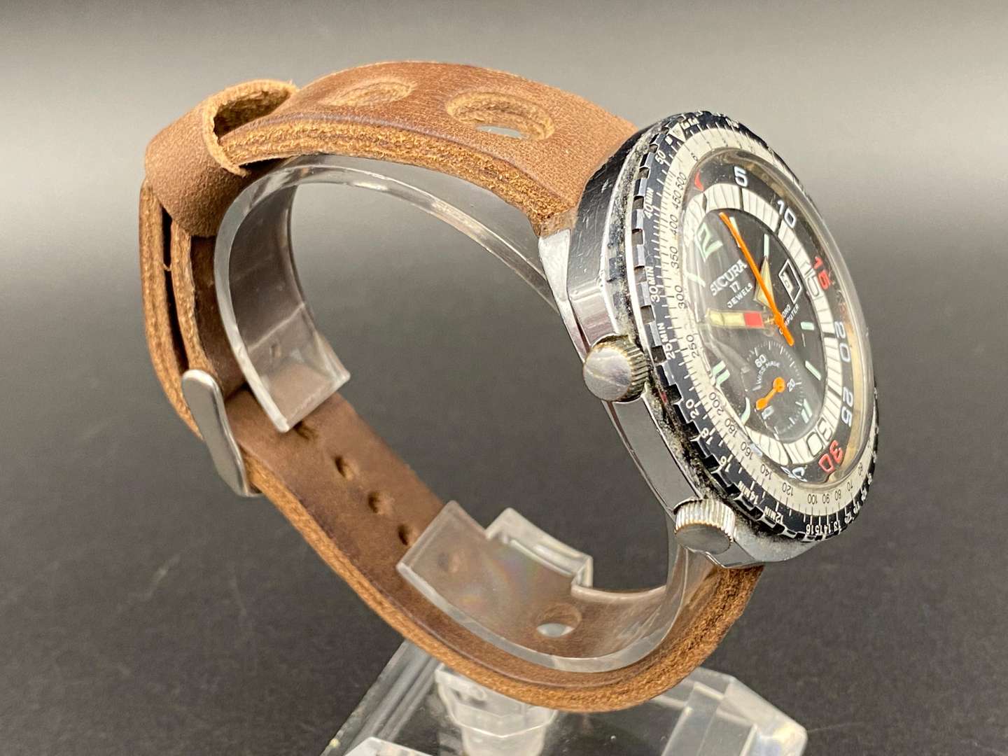 <p>SICURA, Chrono Computer, stainless steel chronograph wristwatch,</p>