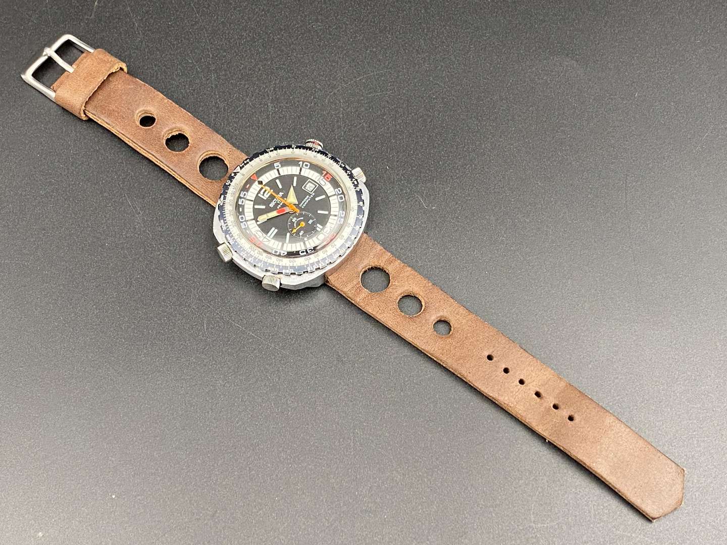 <p>SICURA, Chrono Computer, stainless steel chronograph wristwatch,</p>