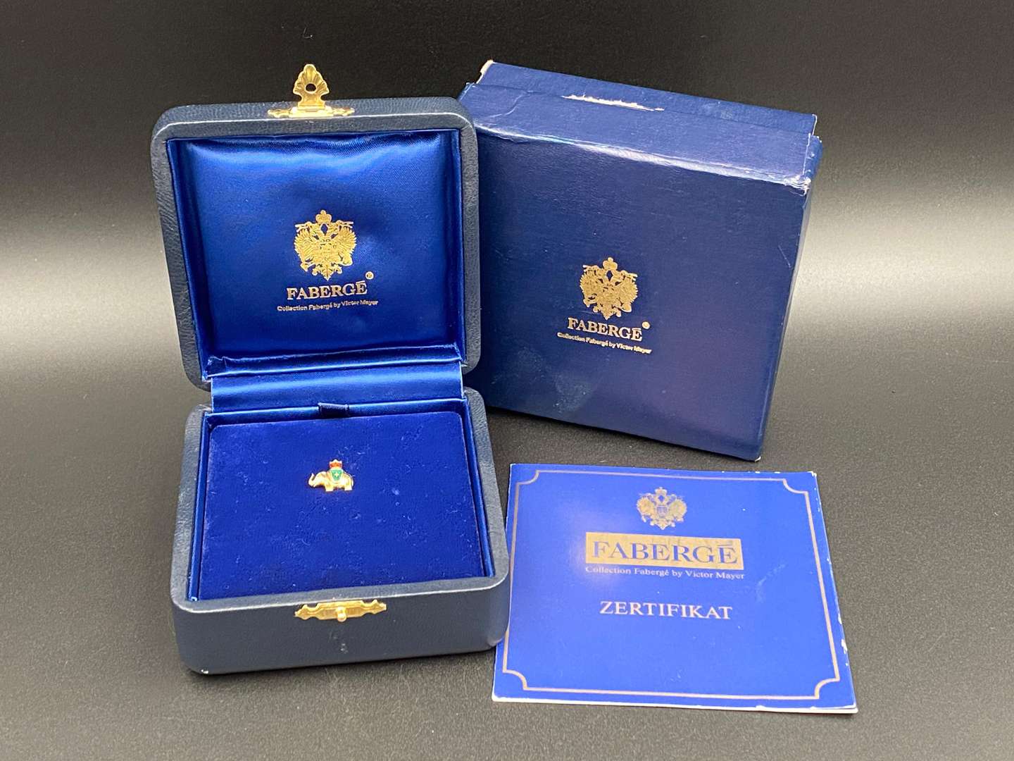 <p>FABERGE, .750 and enamel Elephant tie pin, 37/500,</p>