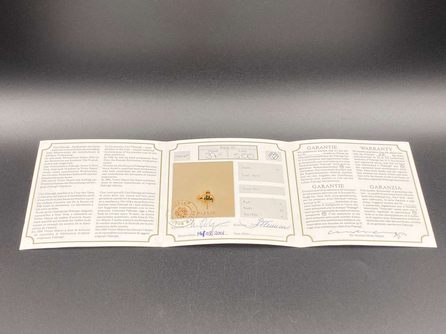 <p>FABERGE, .750 and enamel Elephant tie pin, 37/500,</p>