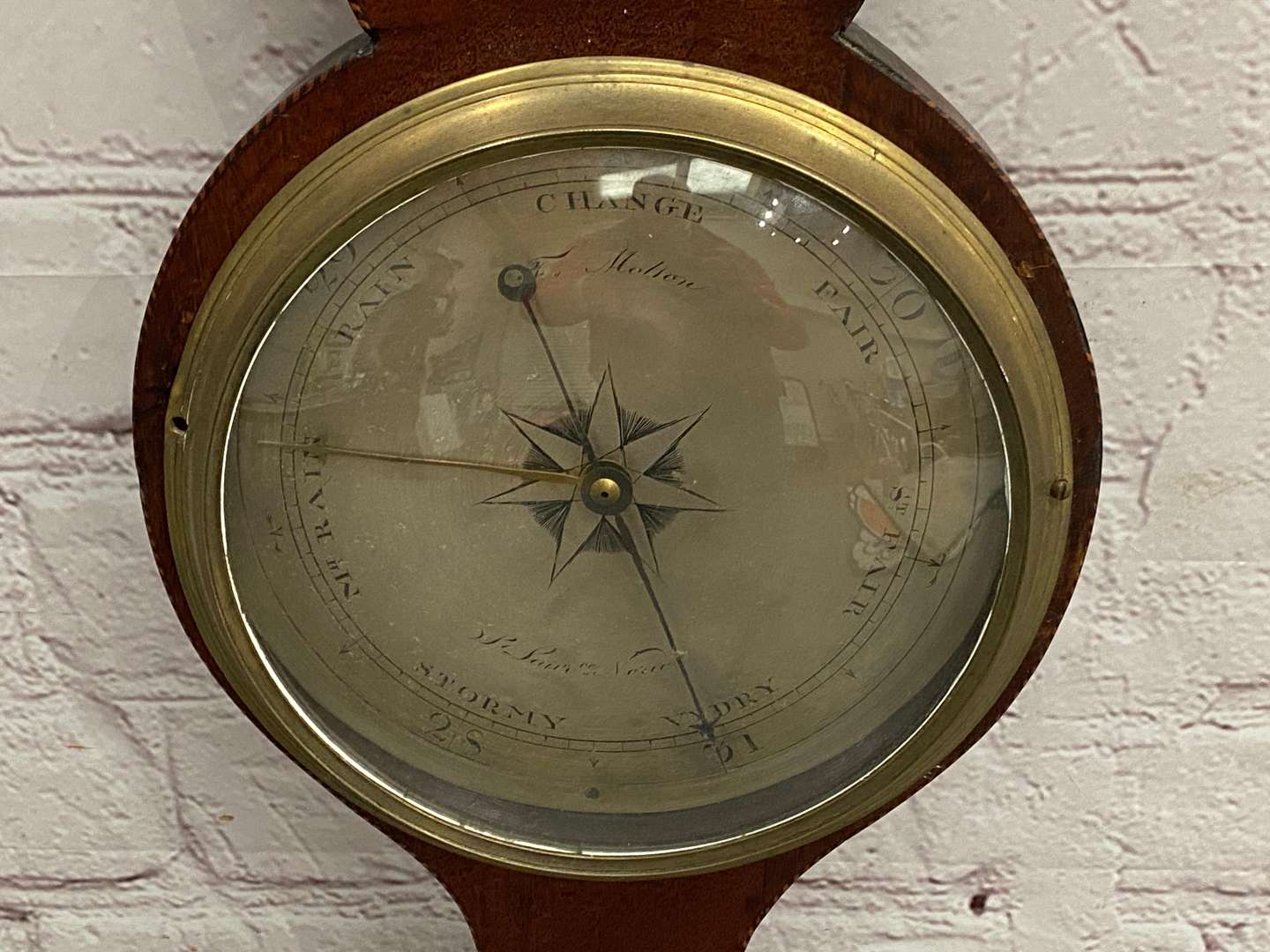 <p>A 19th century mahogany wheel barometer, F. Molton-St Laurence, Norwich,</p>