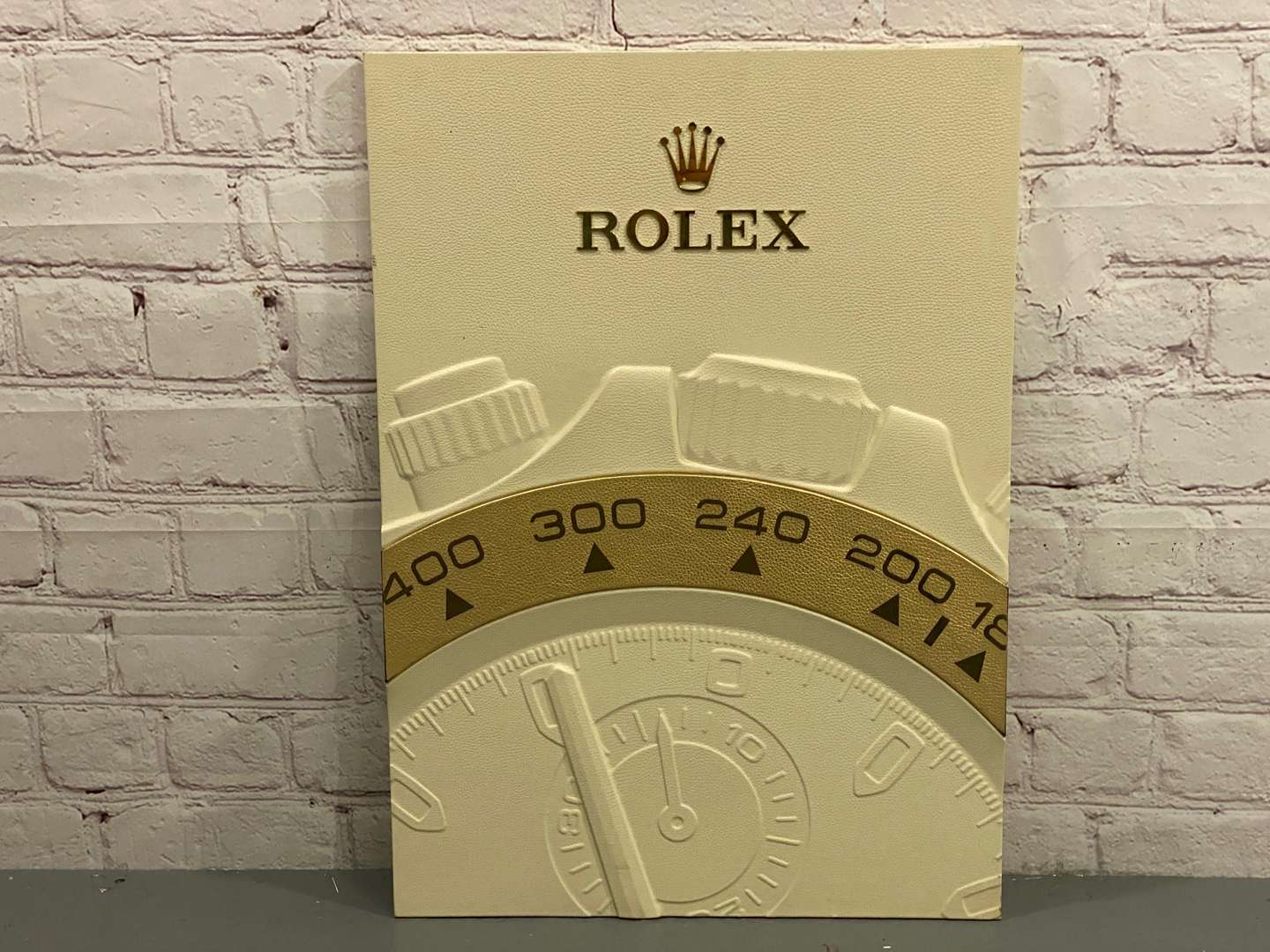 <p>ROLEX, embossed leather covered, point of sale display</p>