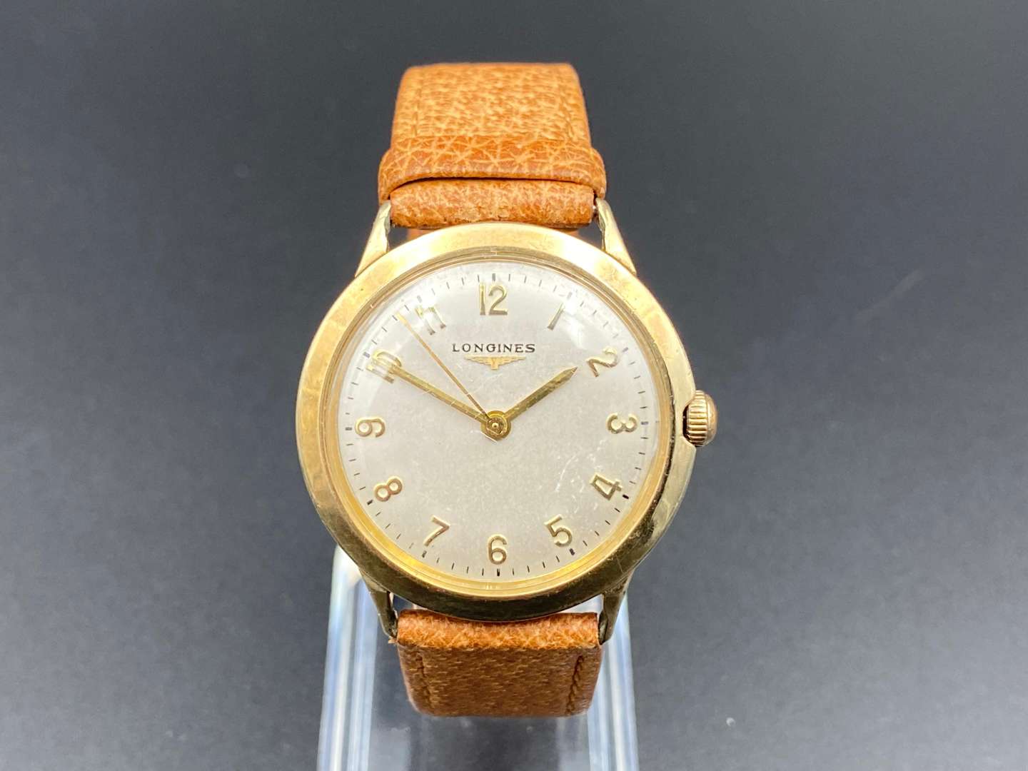 <p>LONGINES, mid 20th century, gold plated, centre seconds wristwatch</p>
