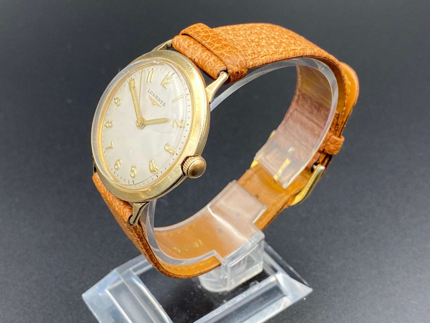 <p>LONGINES, mid 20th century, gold plated, centre seconds wristwatch</p>