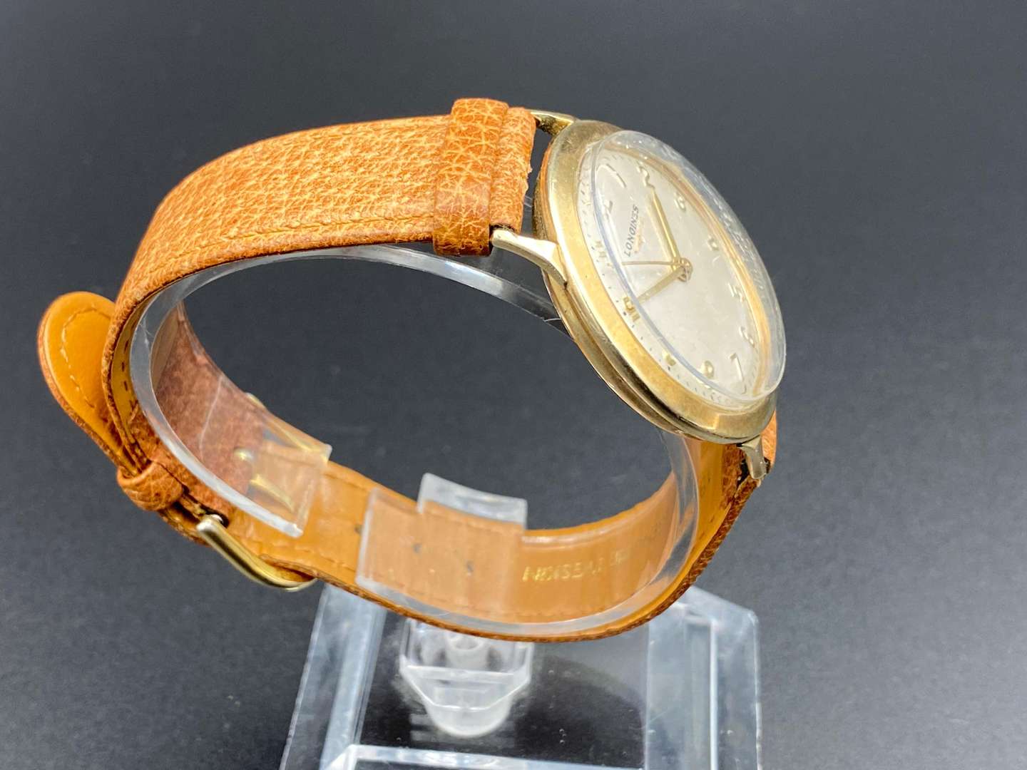 <p>LONGINES, mid 20th century, gold plated, centre seconds wristwatch</p>