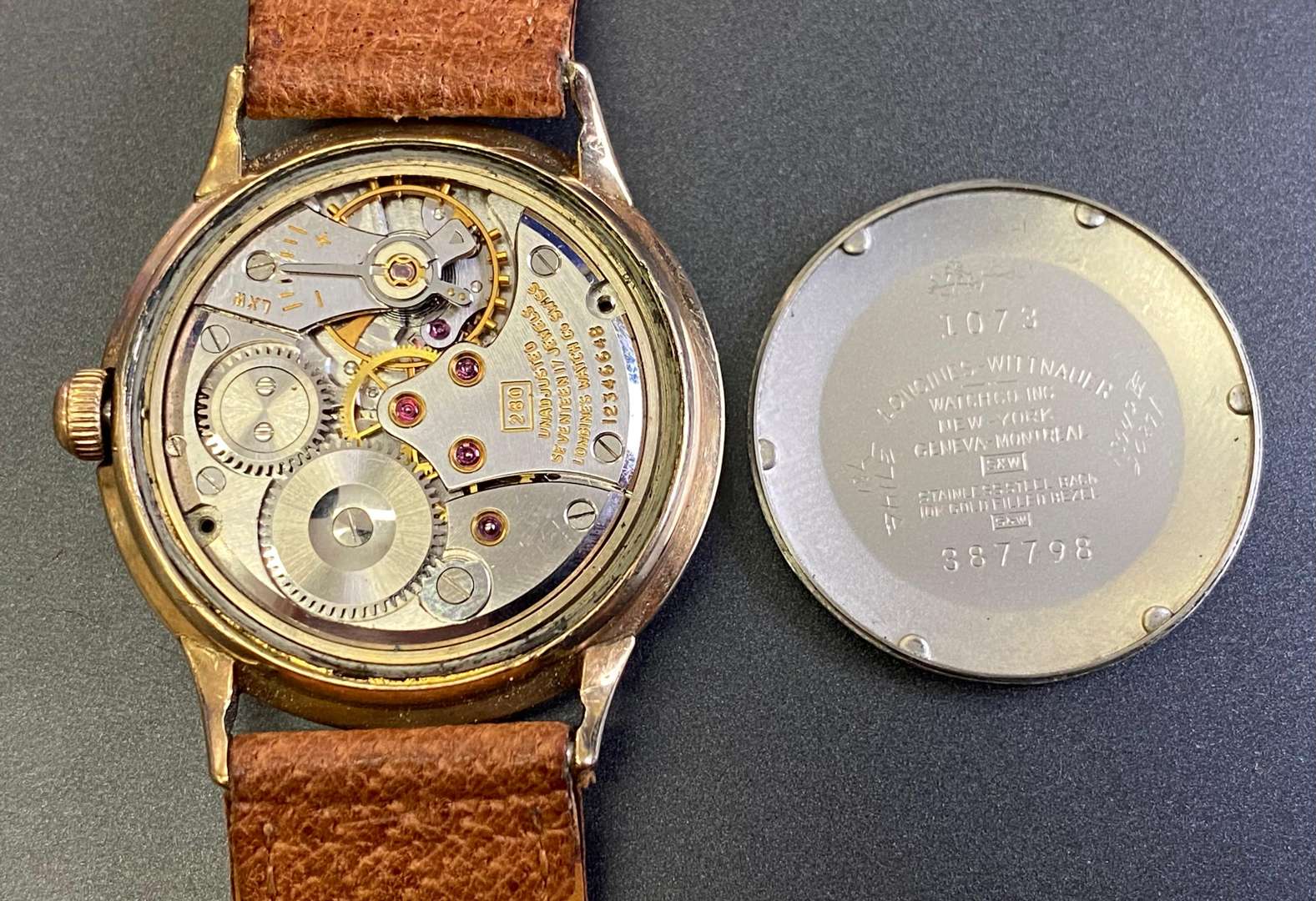 <p>LONGINES, mid 20th century, gold plated, centre seconds wristwatch</p>