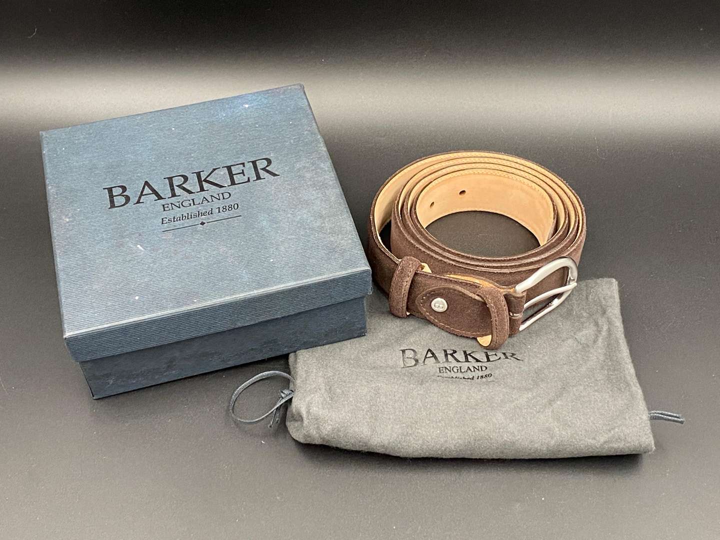 <p>BARKER, a brown suede leather belt</p>