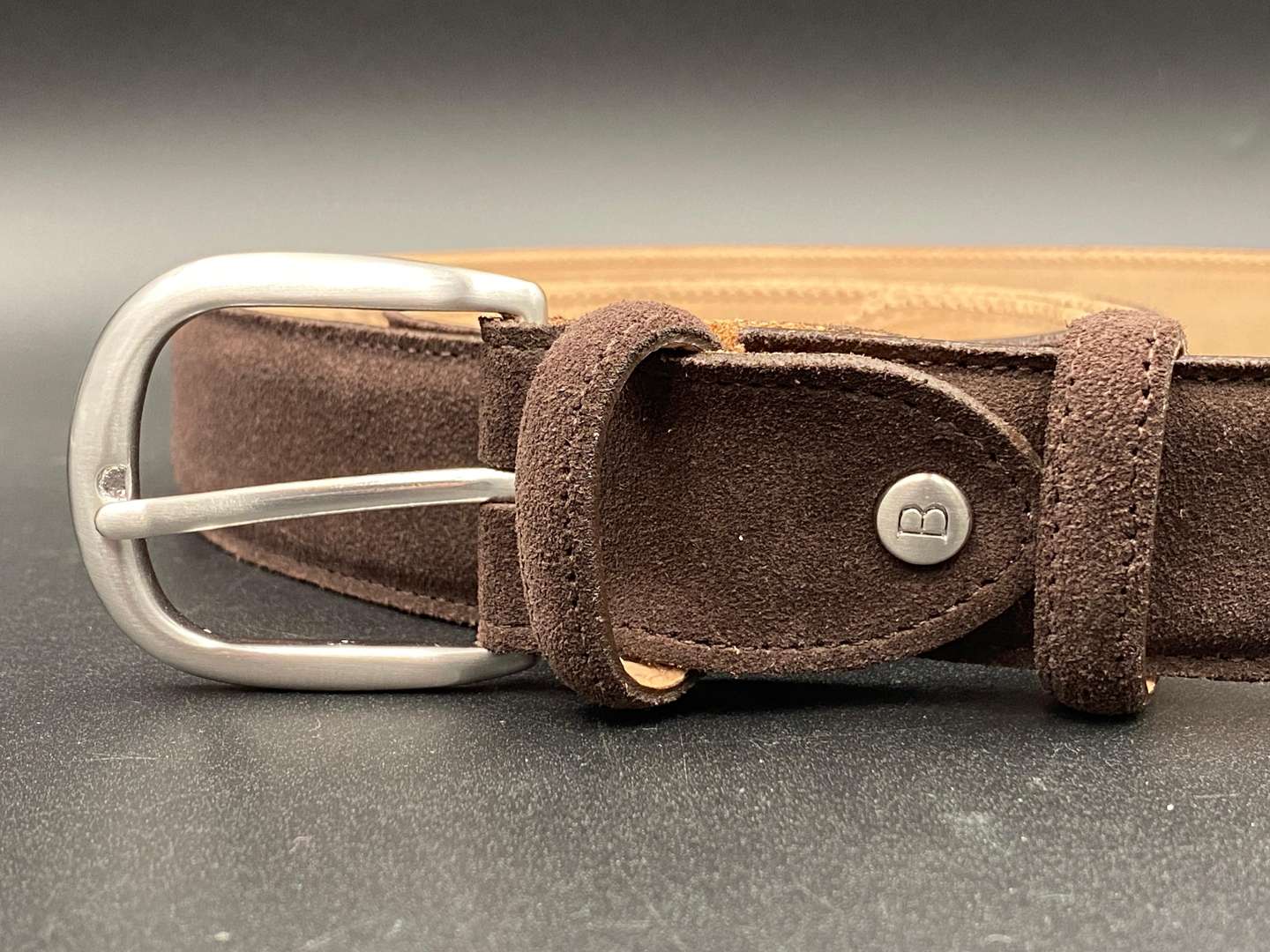 <p>BARKER, a brown suede leather belt</p>