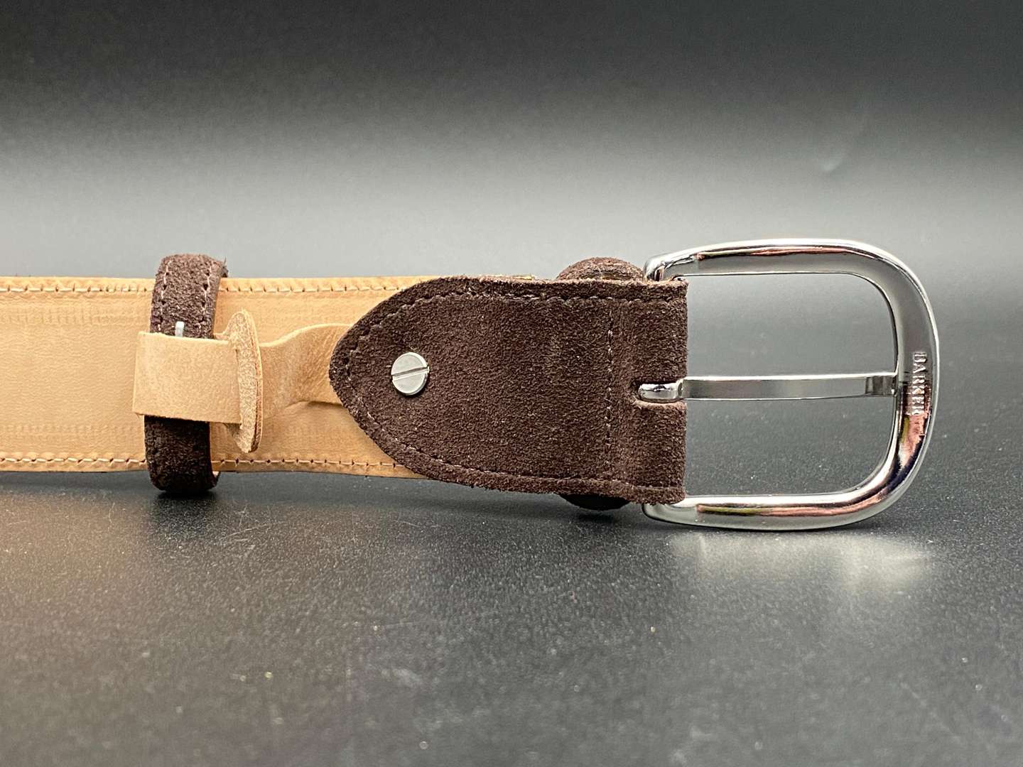 <p>BARKER, a brown suede leather belt</p>