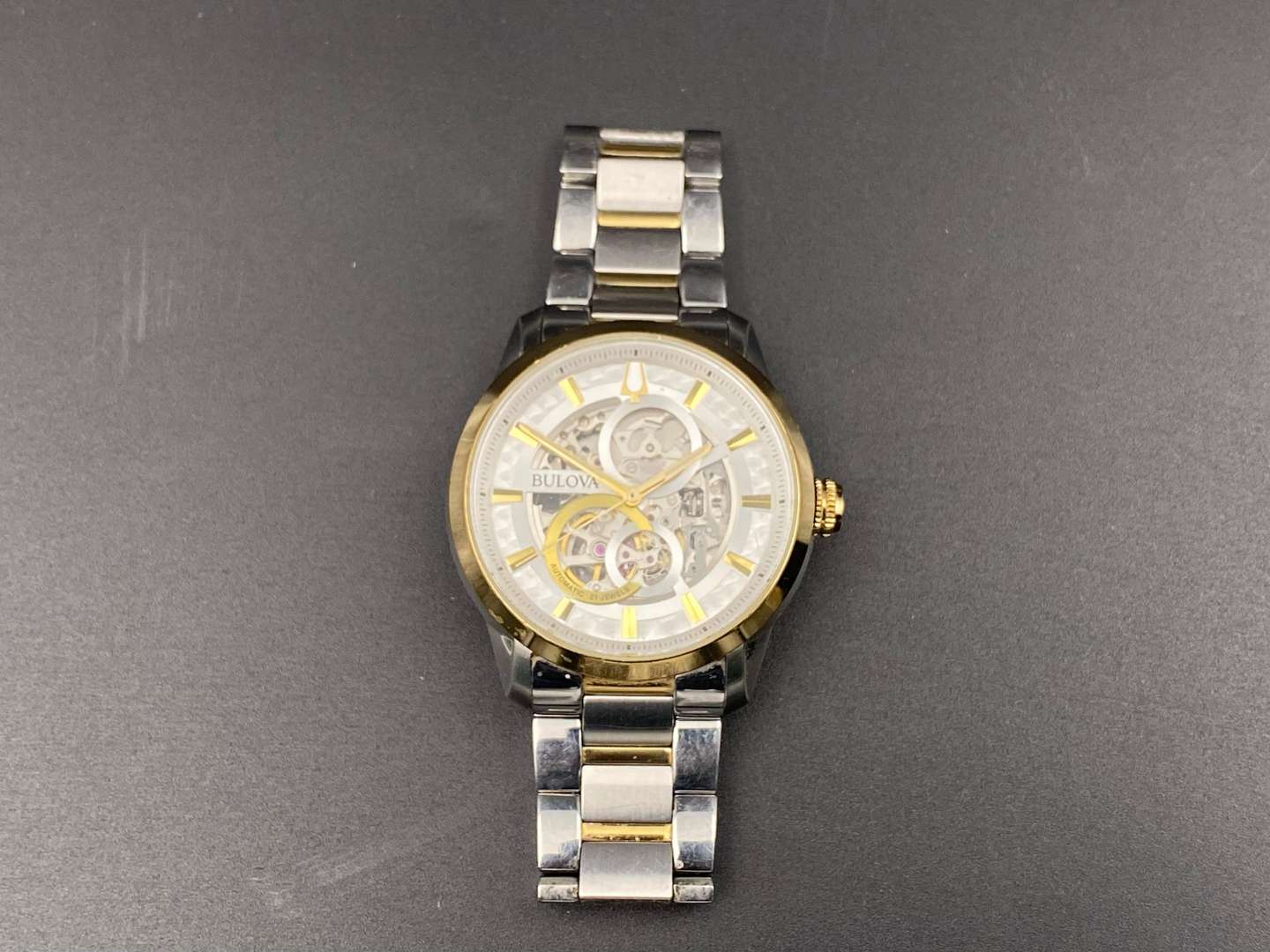 <p>BULOVA, Classic Skeleton automatic stainless steel, centre seconds wristwatch,98A214, C9771059</p>