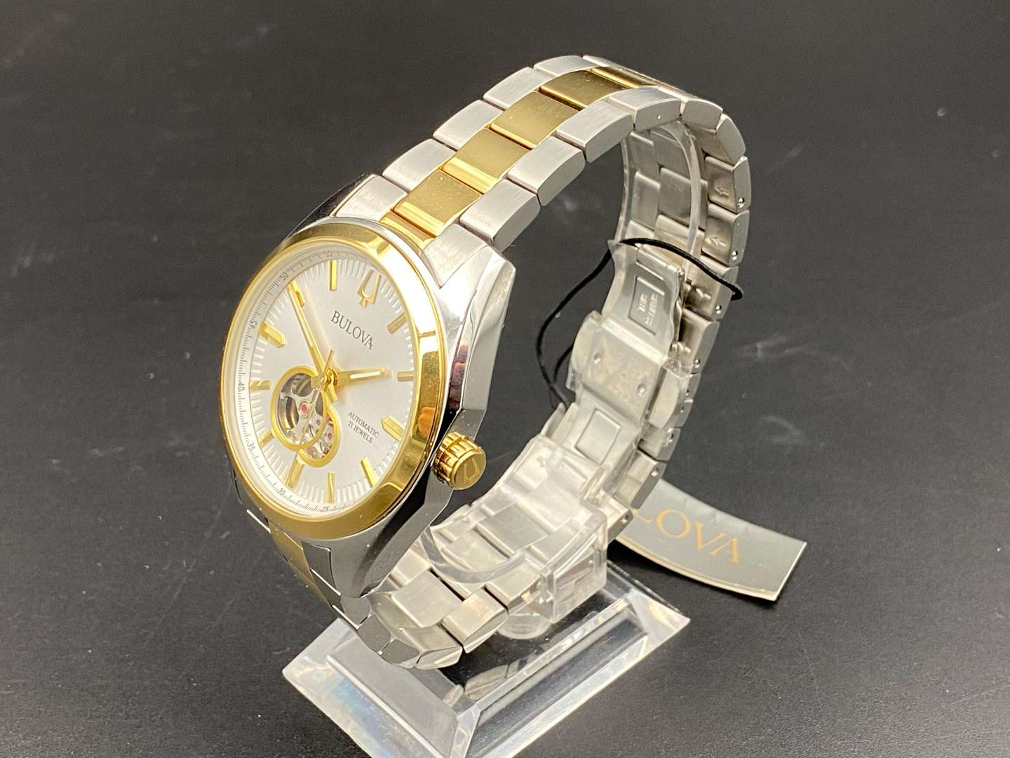 <p>BULOVA, stainless steel and gilt, automatic, centre seconds wristwatch, 98A284, C9692233</p>