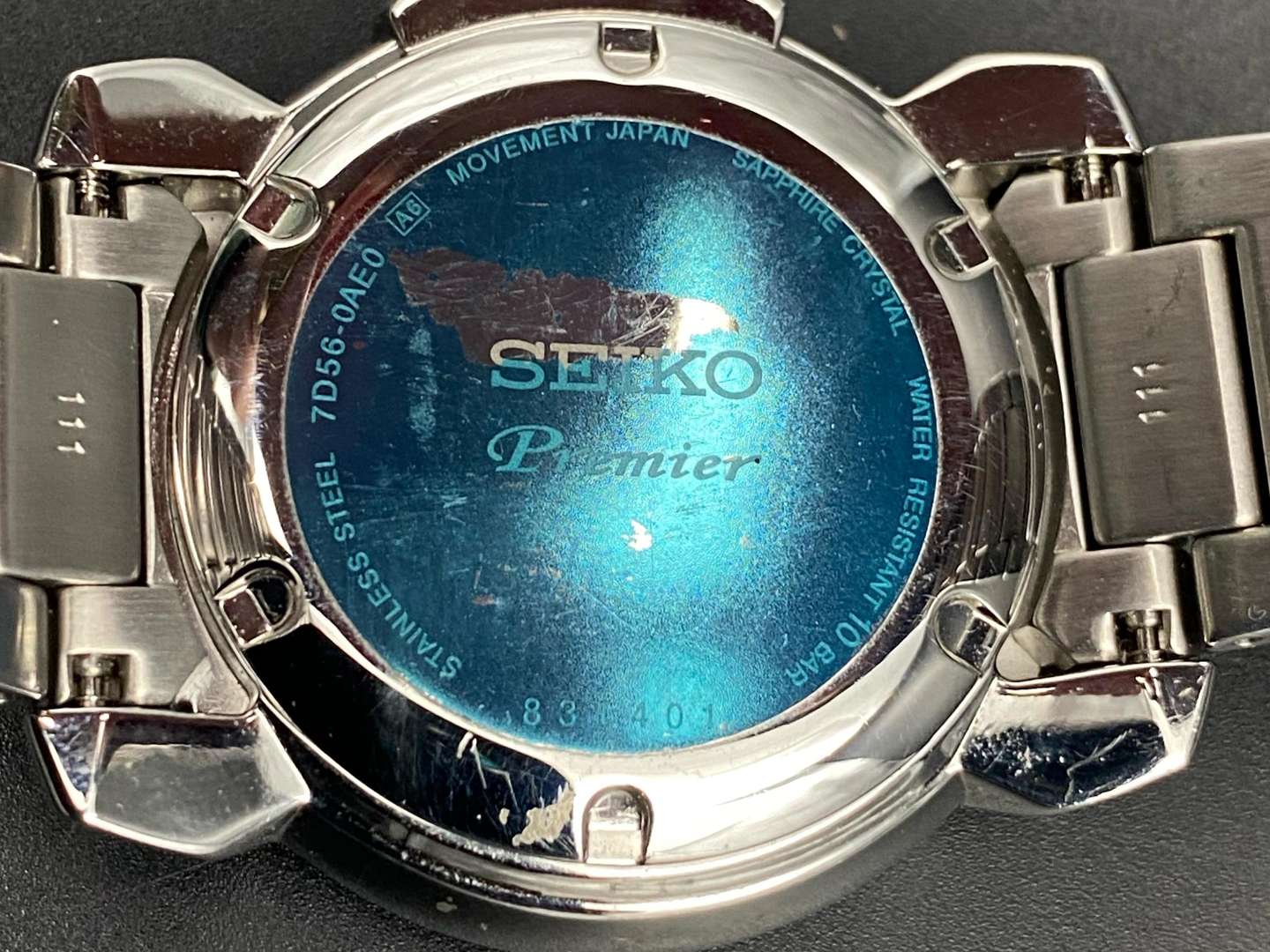 <p>SEIKO, Premier, kinetic perpetual stainless steel analogue quartz calendar wristwatch, 7D56 831401</p>