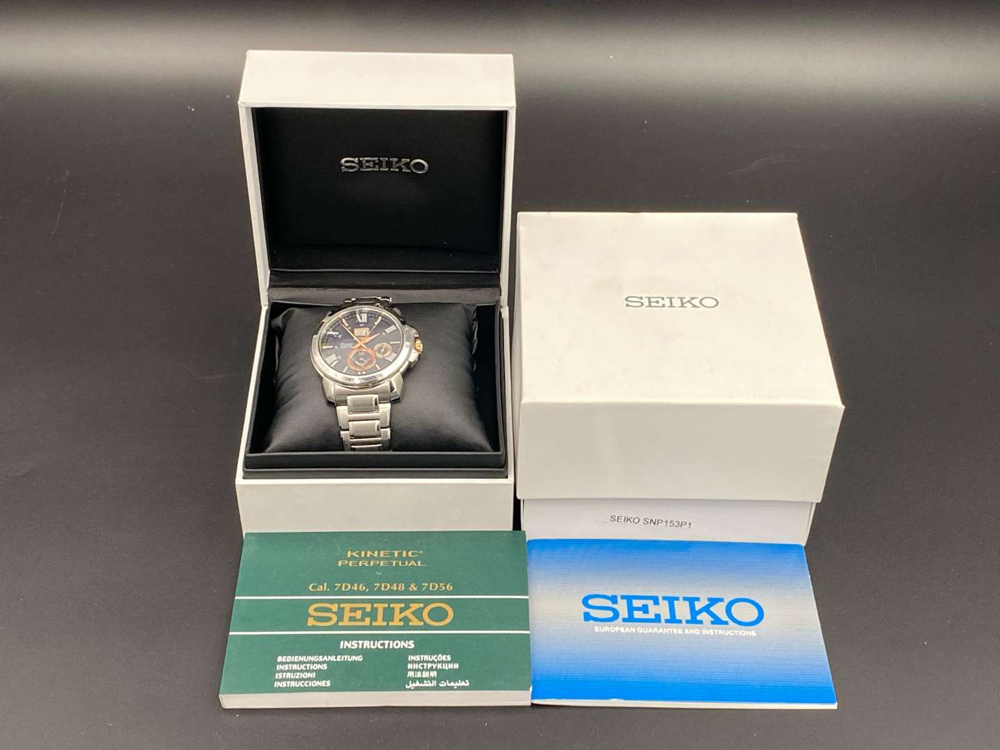 <p>SEIKO, Premier, kinetic perpetual stainless steel analogue quartz calendar wristwatch, 7D56 831401</p>