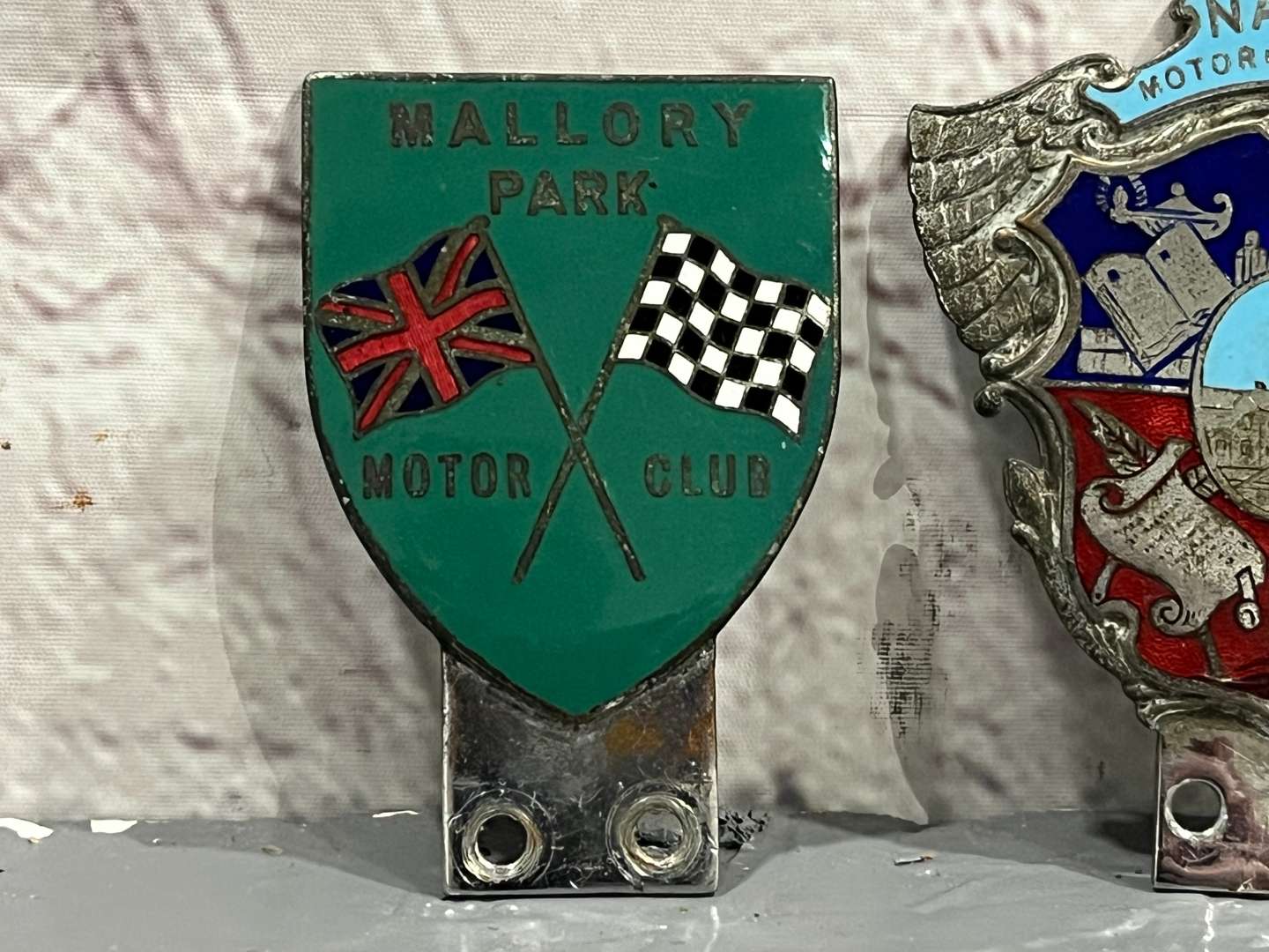 <p>Nalgo Motoring Association Enamel Badge and Mallroy Park Motor Club Badge (2)</p>