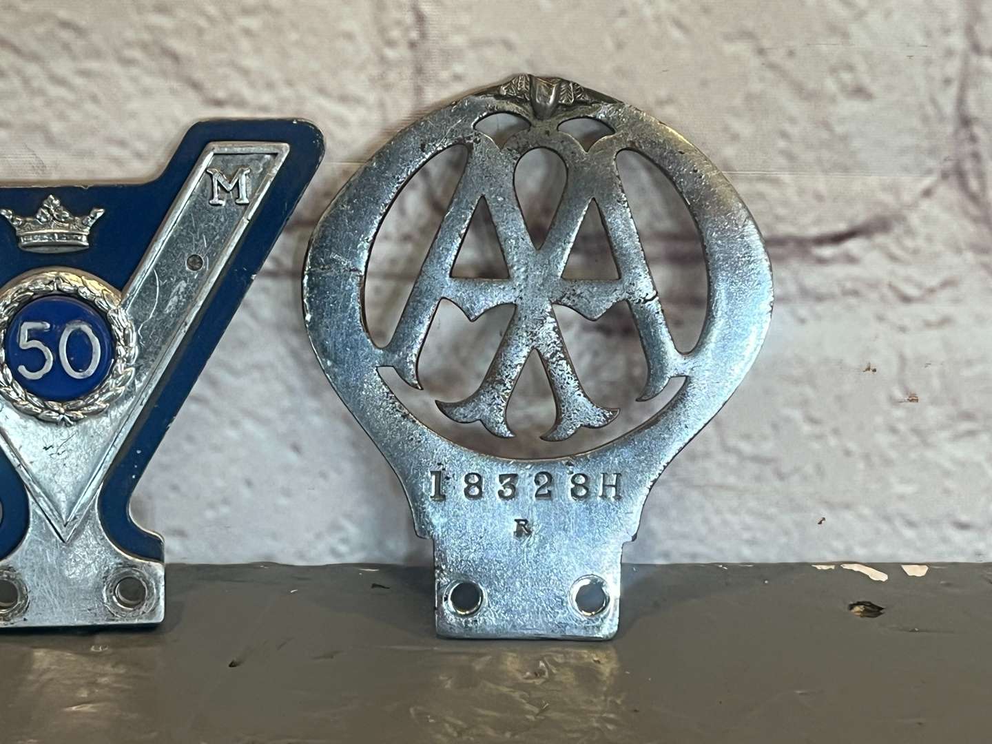 <p>VM50 Veteran Motorist Car Club Badge and AA Badge Numbered 18328H</p>