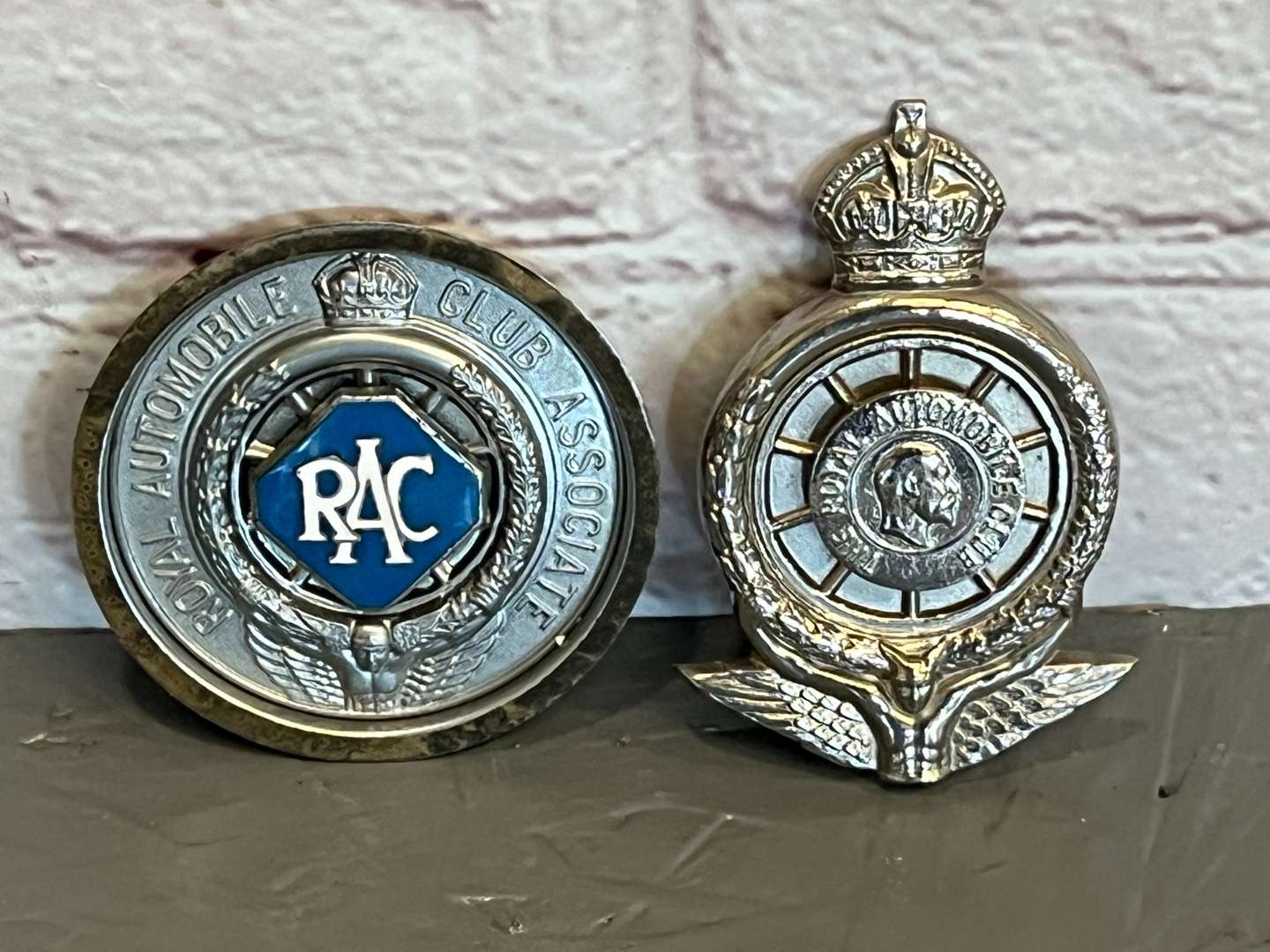 <p>Two RAC Car Club Badges</p>