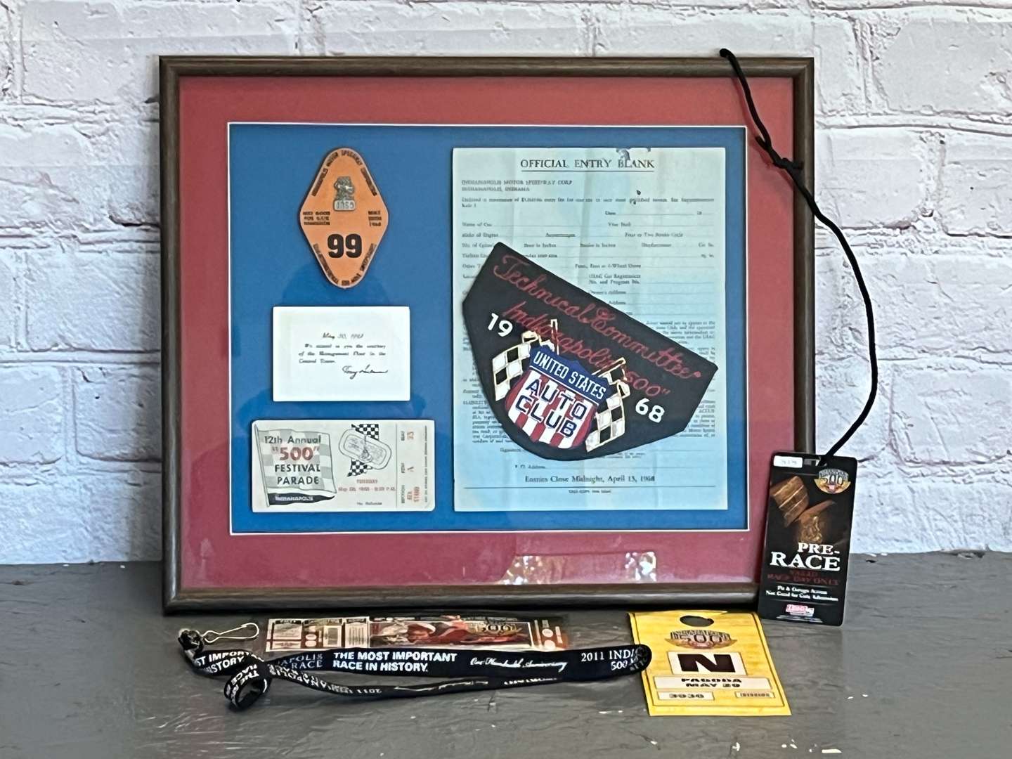 <p>Framed 1968 Indianapolis “500” Entry Blank, Ticket and Badge Etc</p>