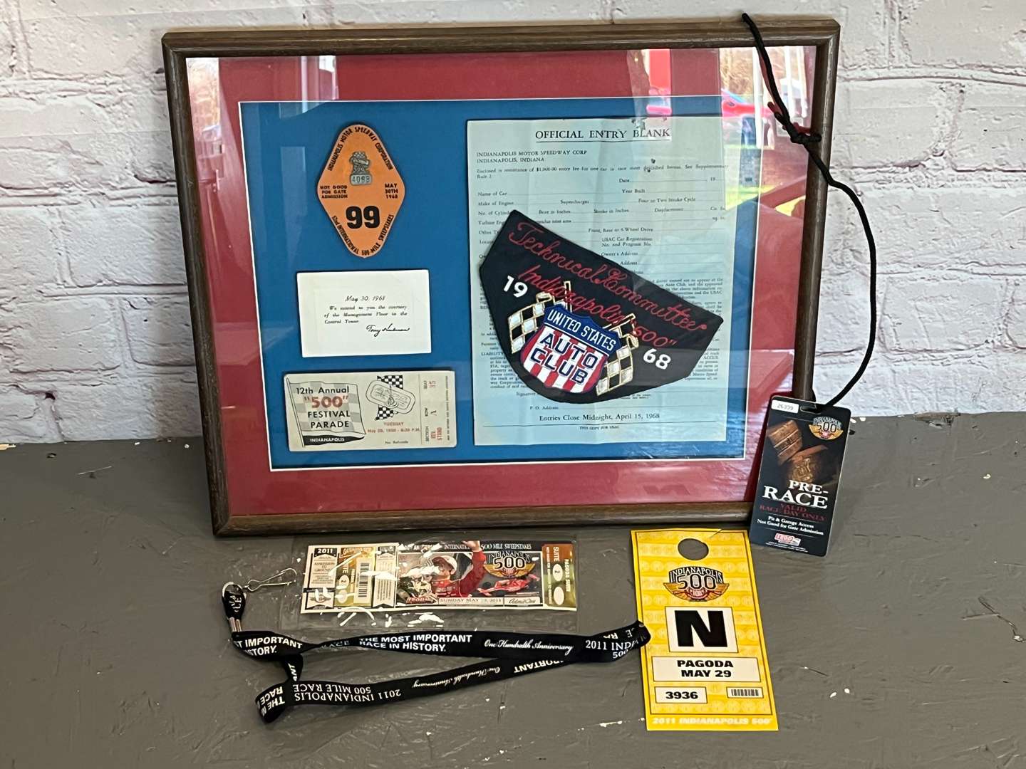 <p>Framed 1968 Indianapolis “500” Entry Blank, Ticket and Badge Etc</p>