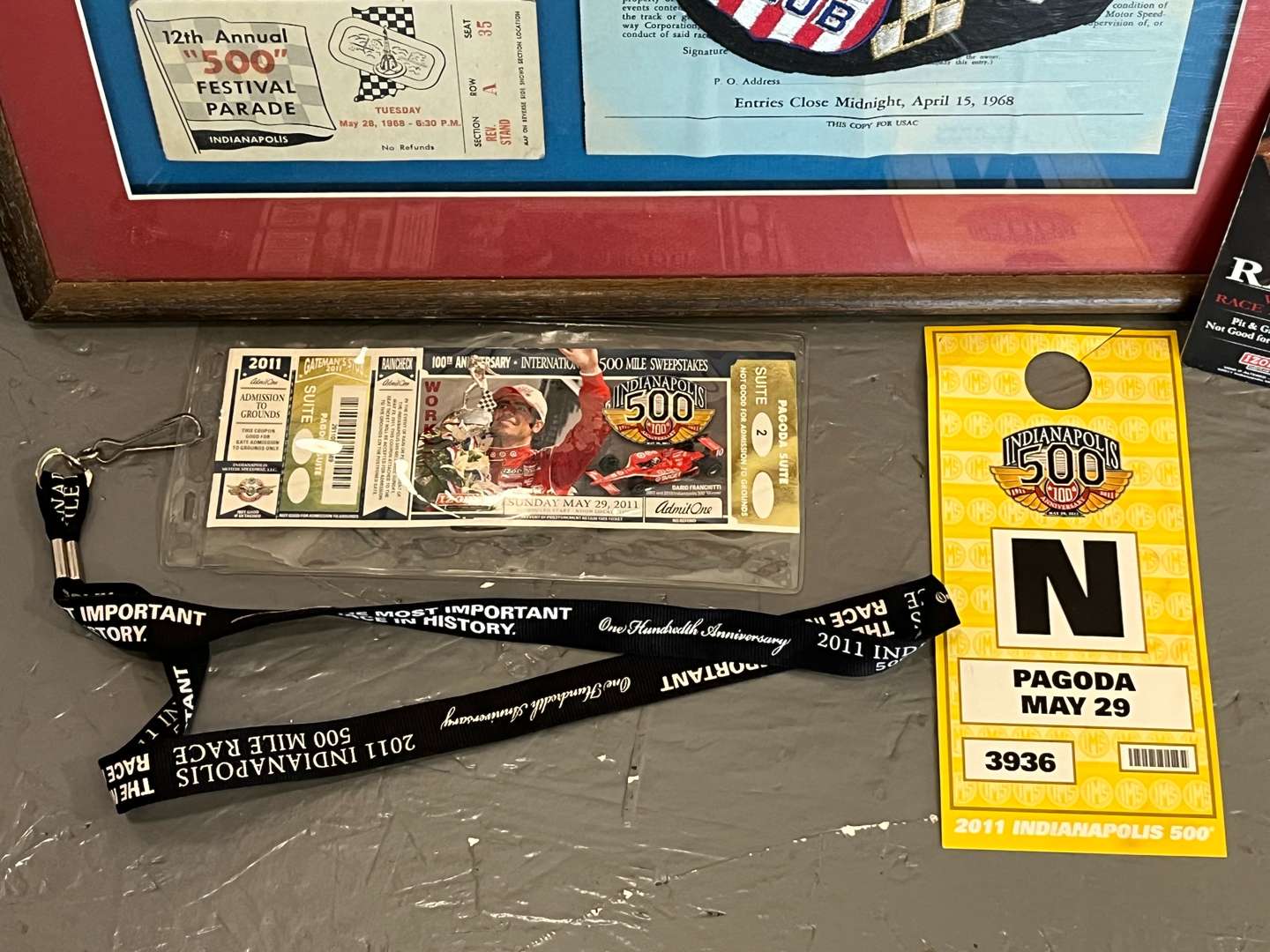 <p>Framed 1968 Indianapolis “500” Entry Blank, Ticket and Badge Etc</p>