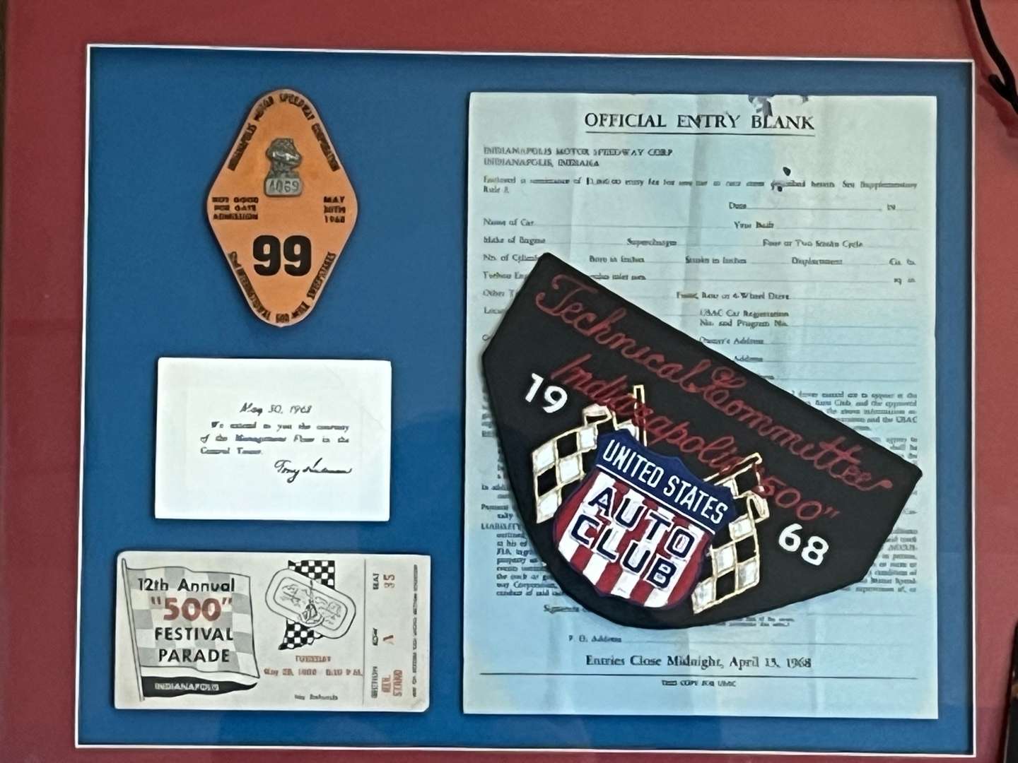 <p>Framed 1968 Indianapolis “500” Entry Blank, Ticket and Badge Etc</p>