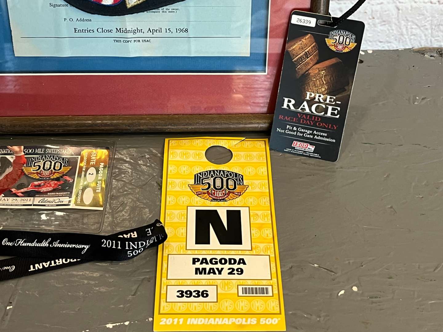 <p>Framed 1968 Indianapolis “500” Entry Blank, Ticket and Badge Etc</p>