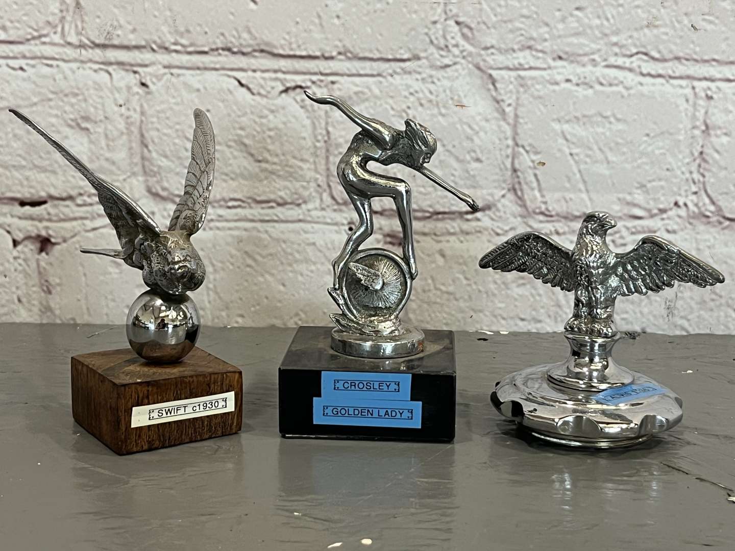 <p>Crosley “Golden Lady” Swift and Alvis Car Mascots (3)</p>