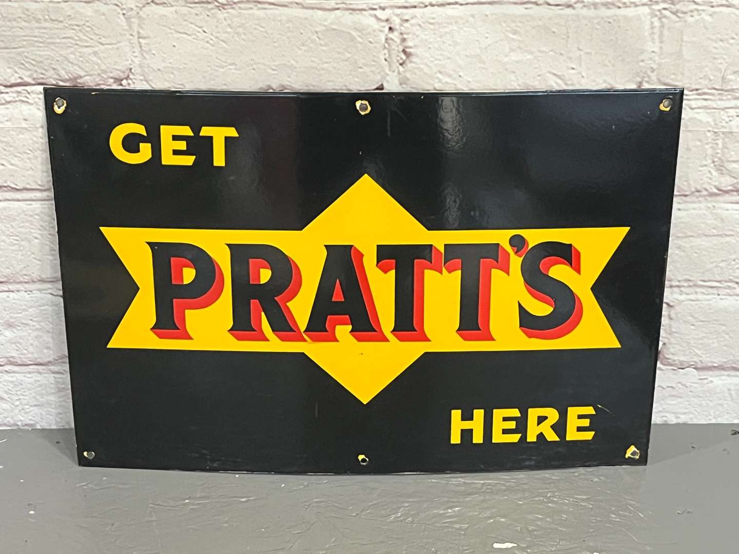 <p>Get Pratts Here Enamel Sign</p>