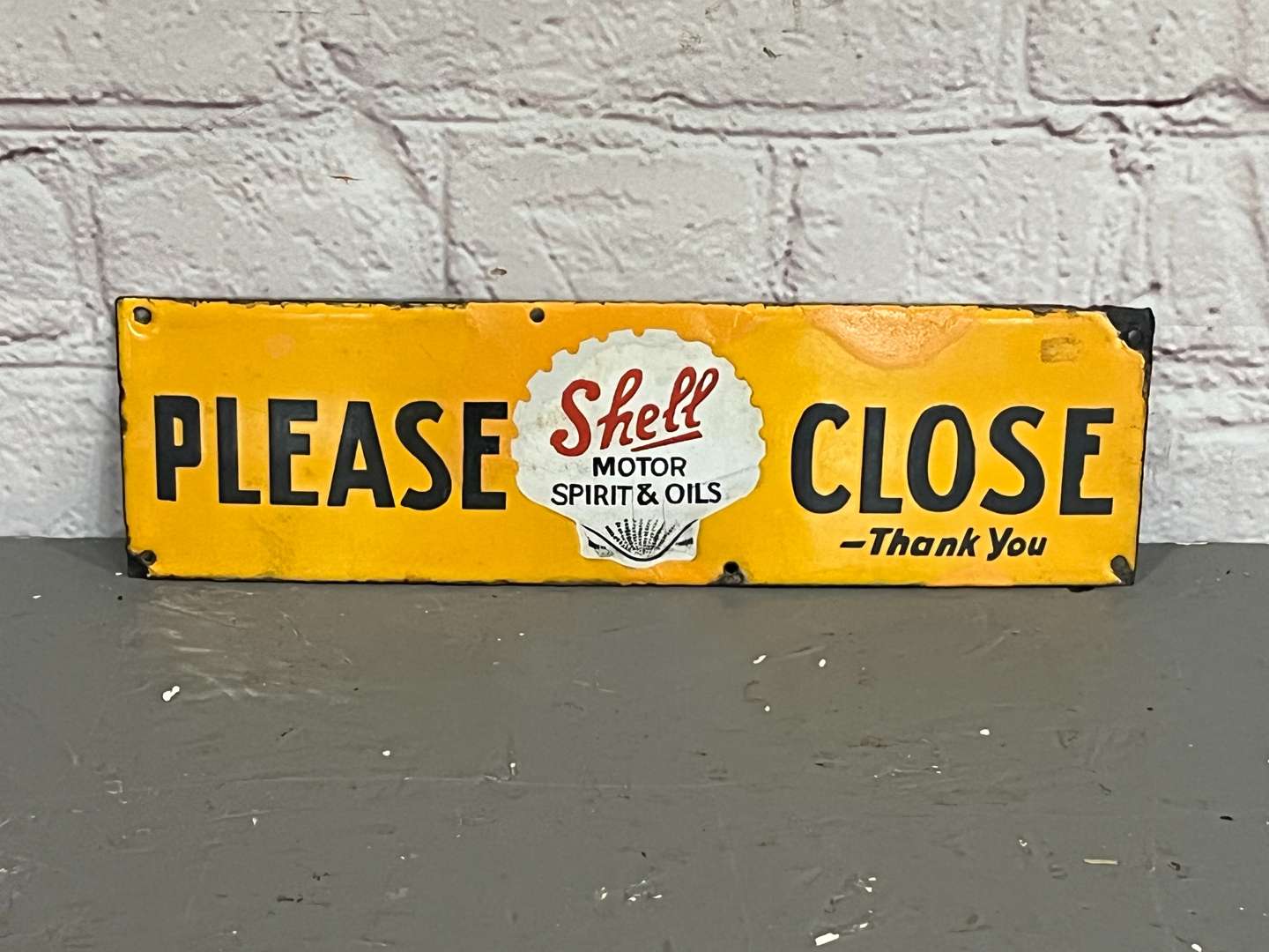 <p>Shell Motor Spirit and Oils Please Close Enamel Sign</p>