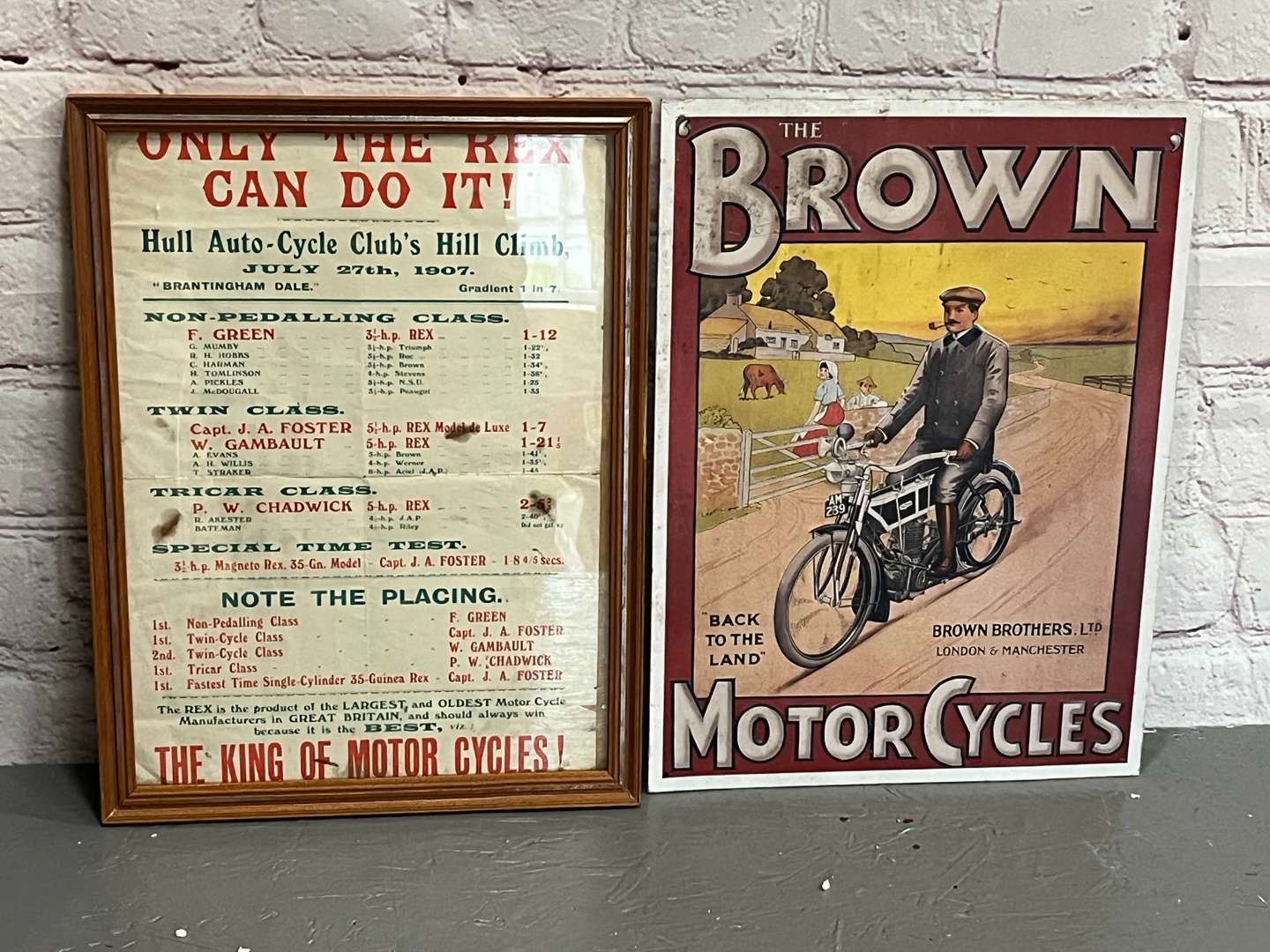 <p>1907 Framed Hull Auto Cycle Club Meeting Poster and Browns Tin Sign (2)</p>