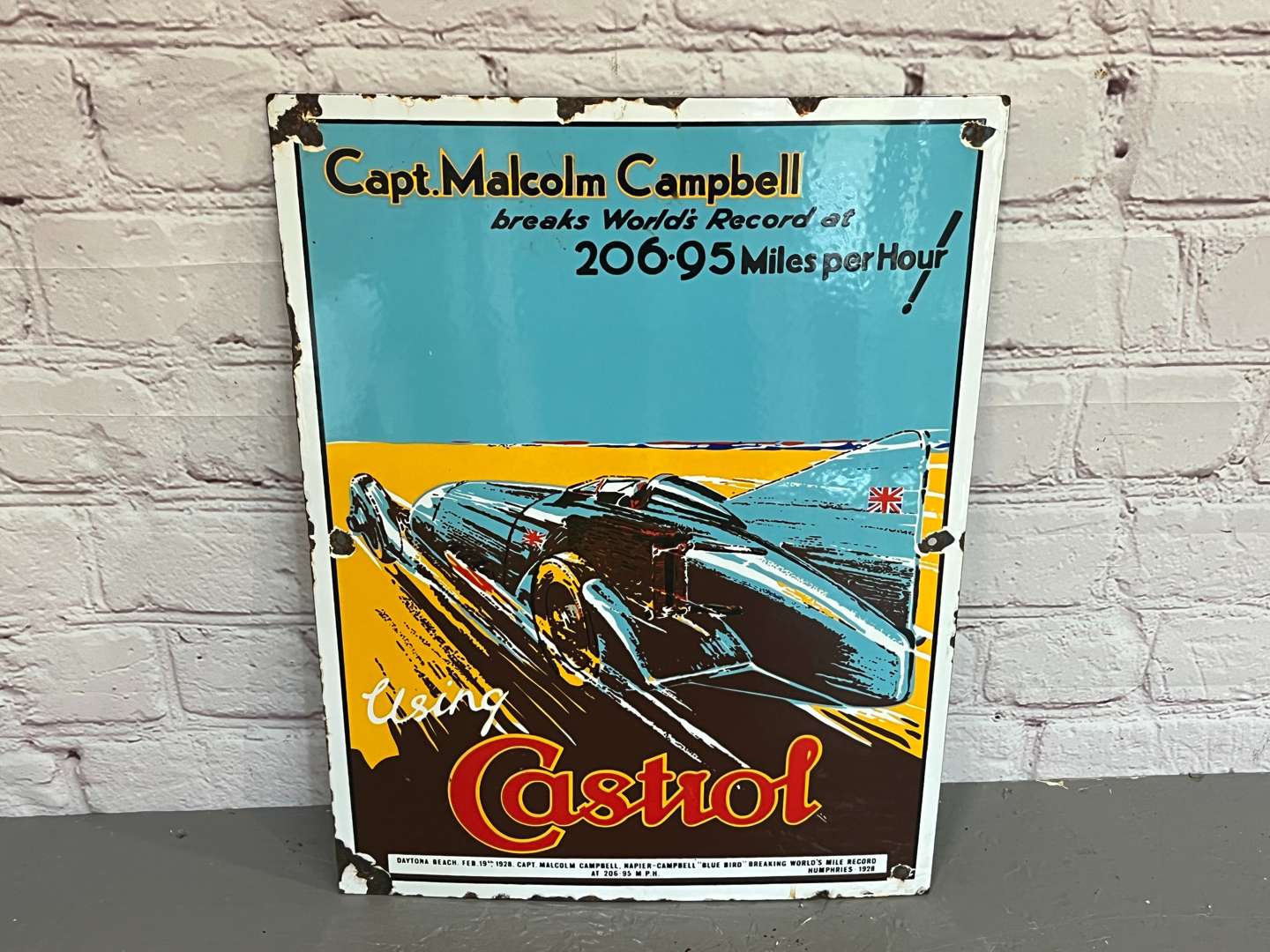 <p>Castrol Capt. Malcolm Campbell World Speed Record Enamel Sign</p>