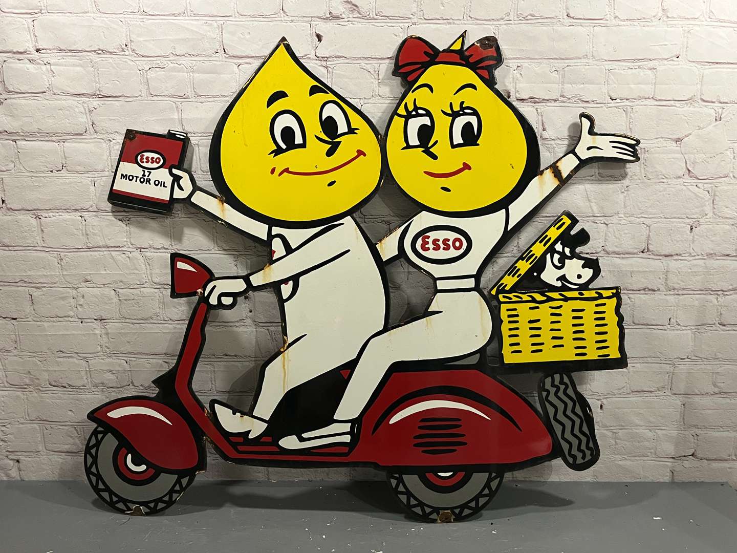 <p>Large Mr and Mrs Drip on a Scooter Enamel Sign</p>