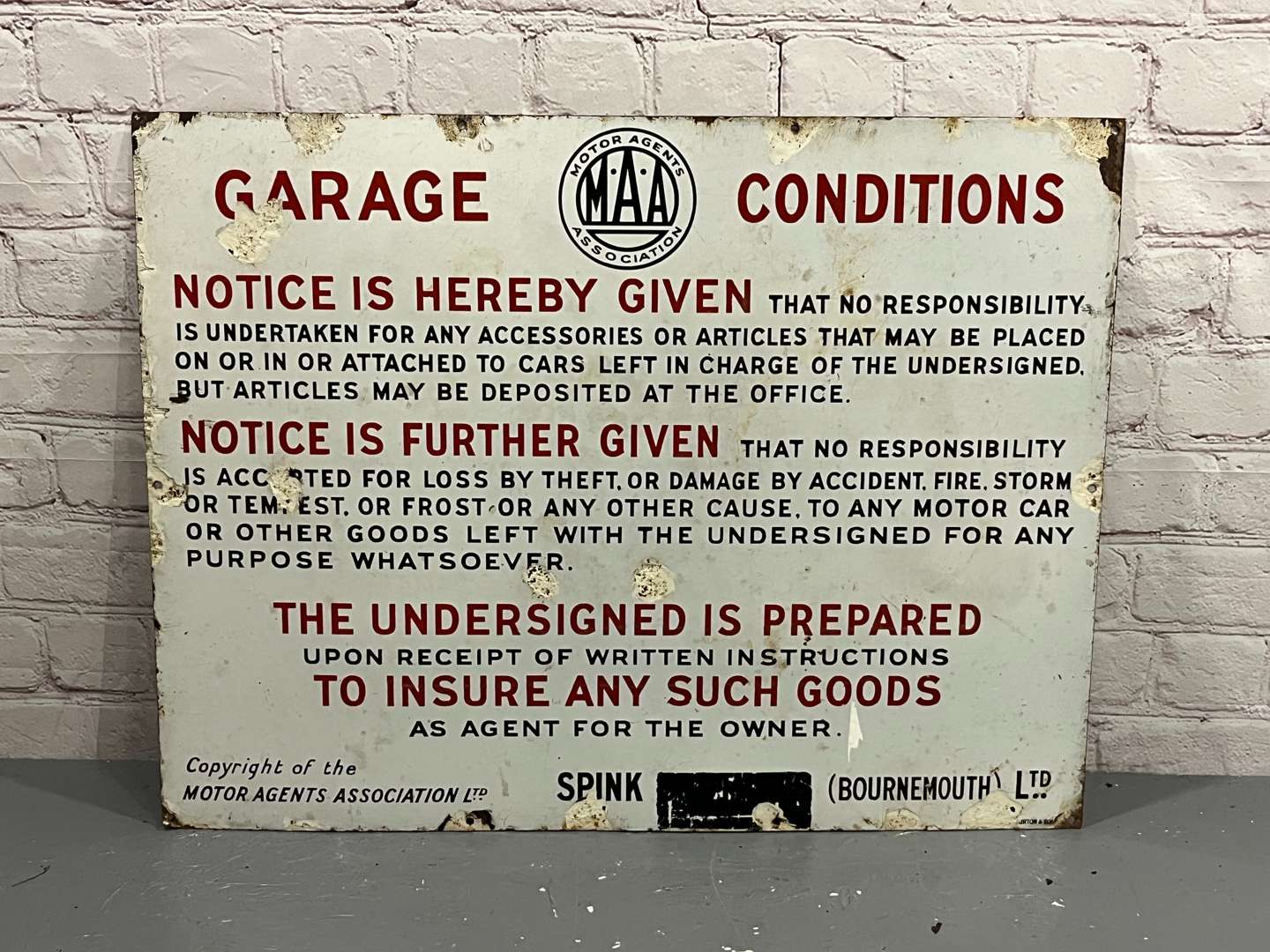 <p>Motor Agents Association Garage Conditions Enamel Sign</p>