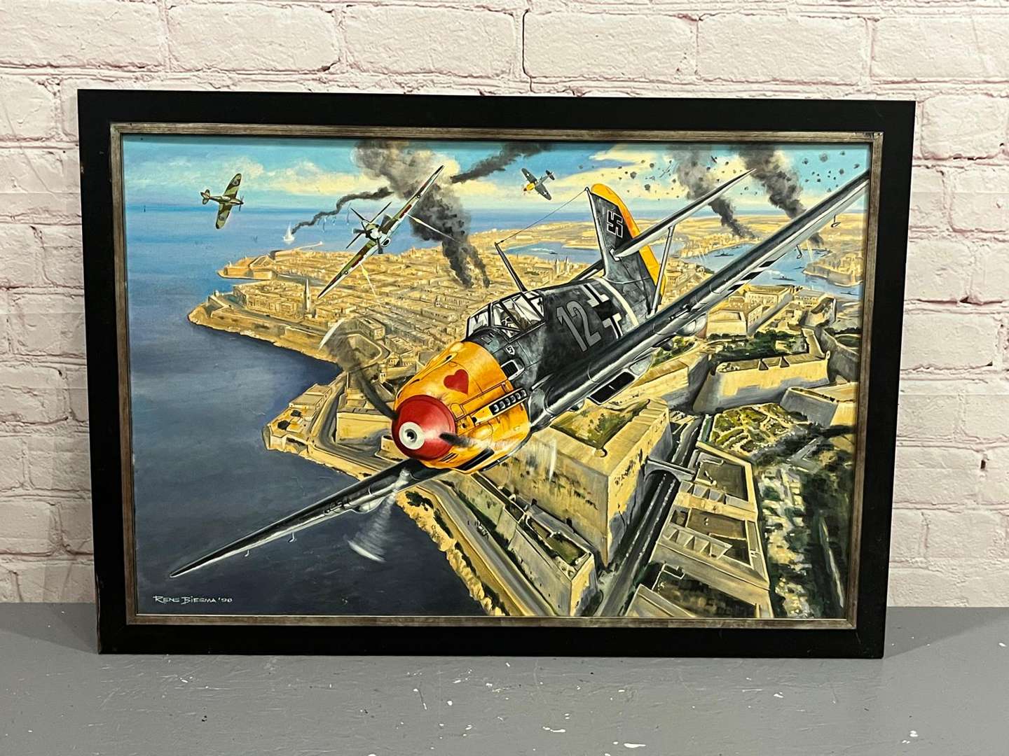 <p>Rens Biema Signed 98, Aviation Oil on Canvas of a Battle Scene&nbsp;</p>