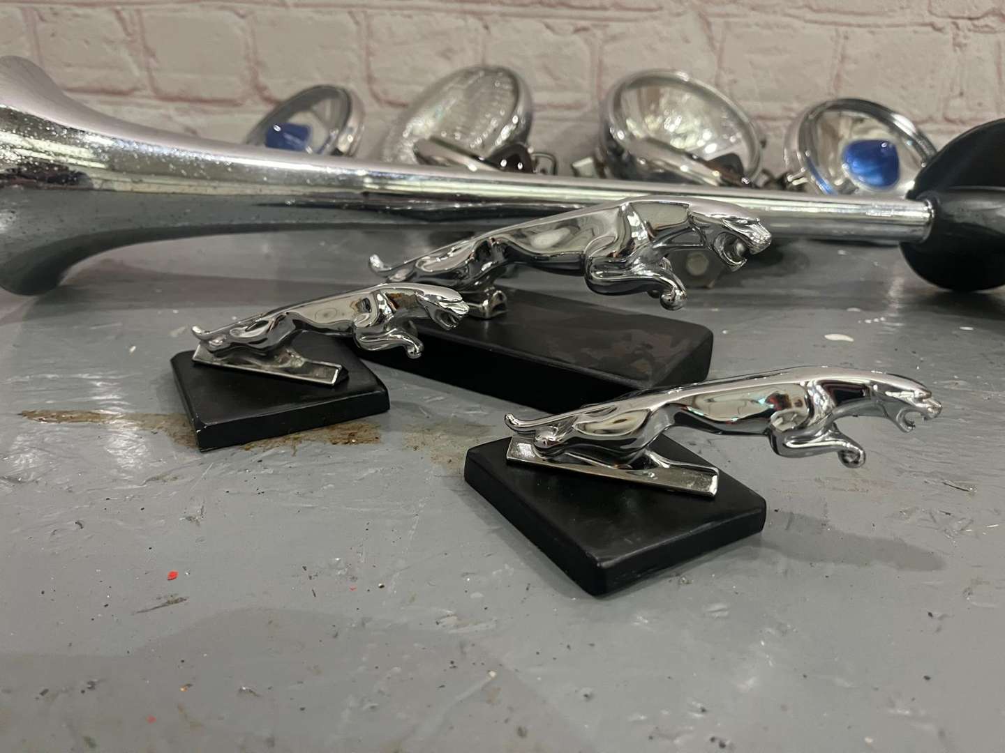 <p>Pair Lucas Spot Lights, Pair Fog Lights, 3 Jaguar Mascots Etc</p>