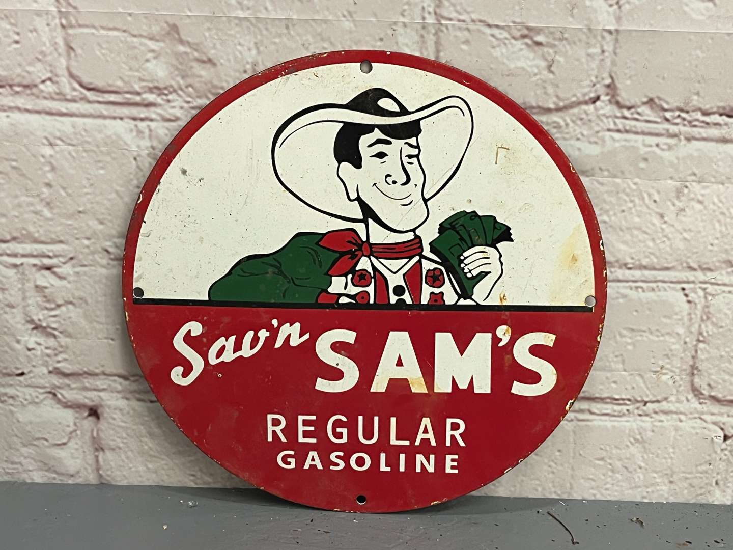 <p>Sav'n Sams Regular Gasoline Small Enamel Sign</p>