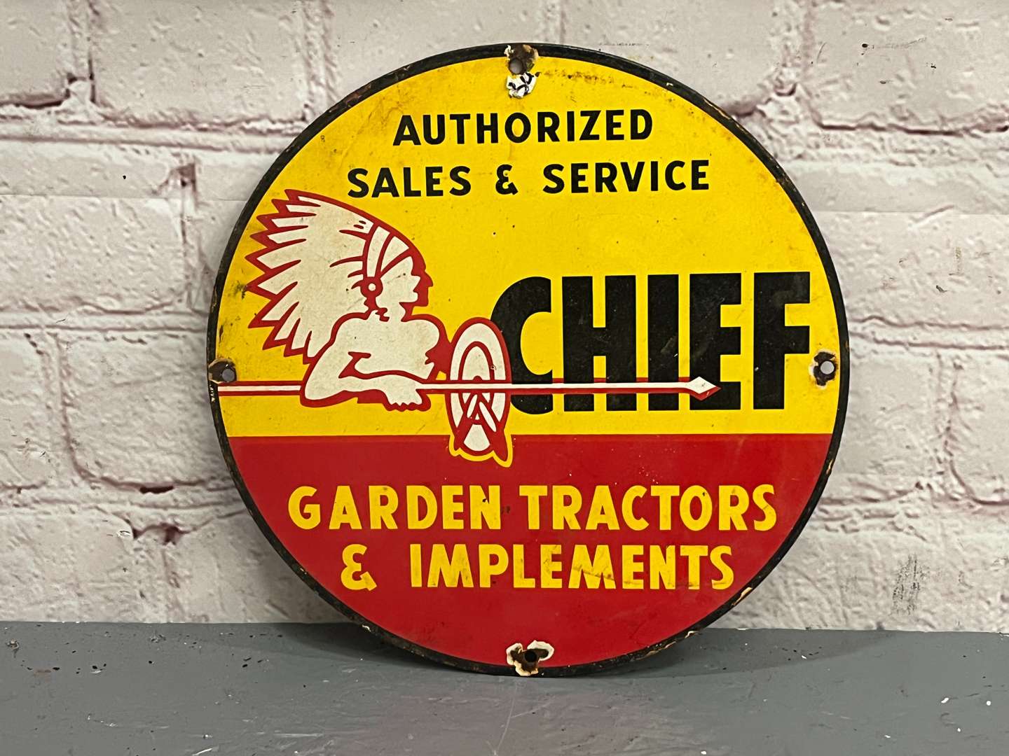 <p>Chief Garden Tractors and Implements Small Enamel Sign</p>