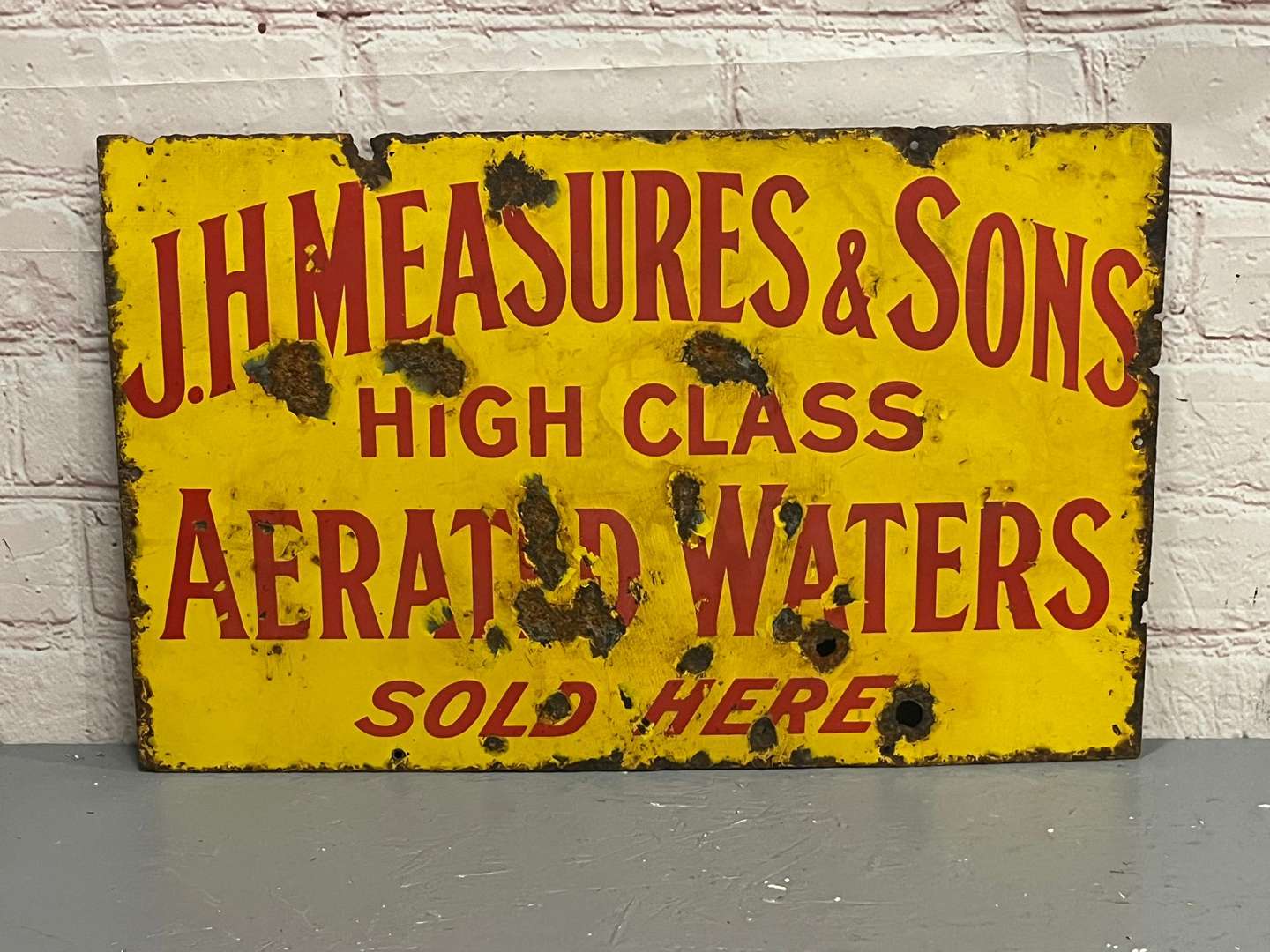 <p>J.H Measures & Sons, High Class Aerated Waters Enamel Sign</p>
