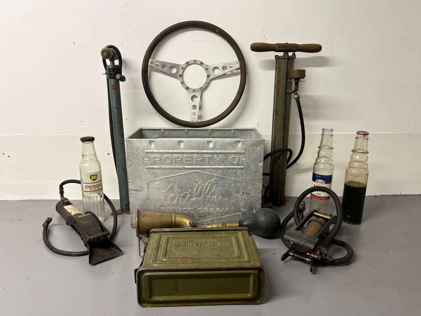 <p>Mixed Lot Vintage Pumps, Ammunition Box, Oil Bottles Etc</p>