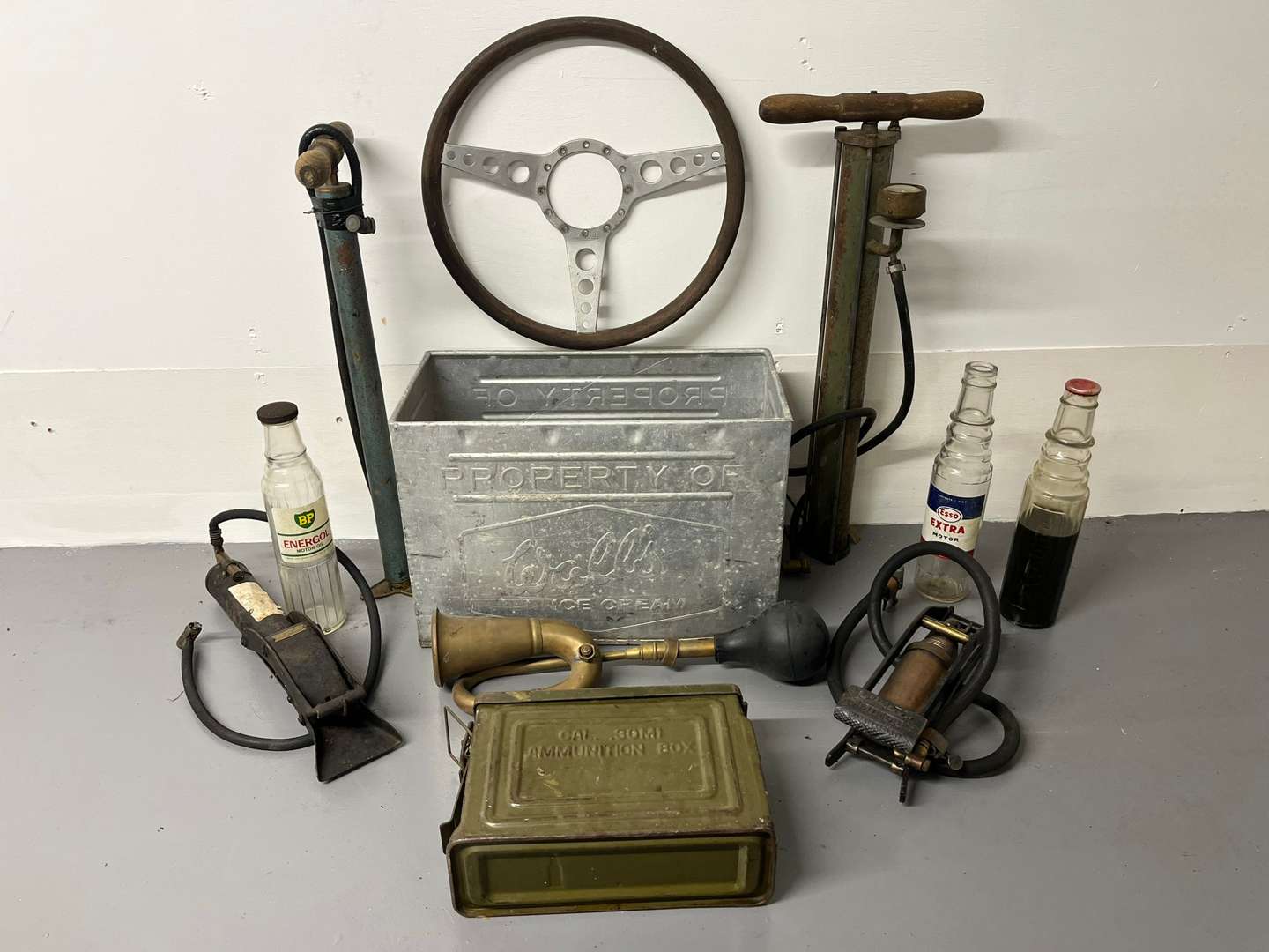 <p>Mixed Lot Vintage Pumps, Ammunition Box, Oil Bottles Etc</p>